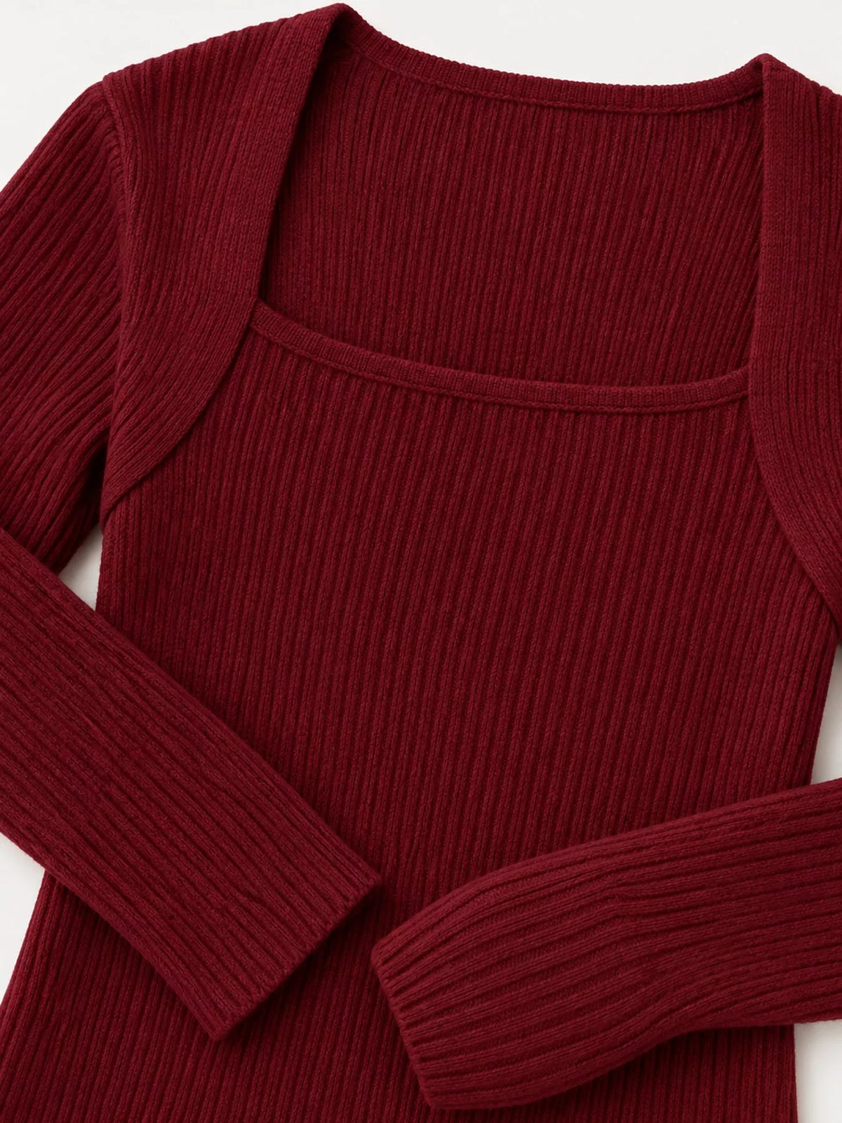 Burgundy square neck ribbed knit slim-fit top