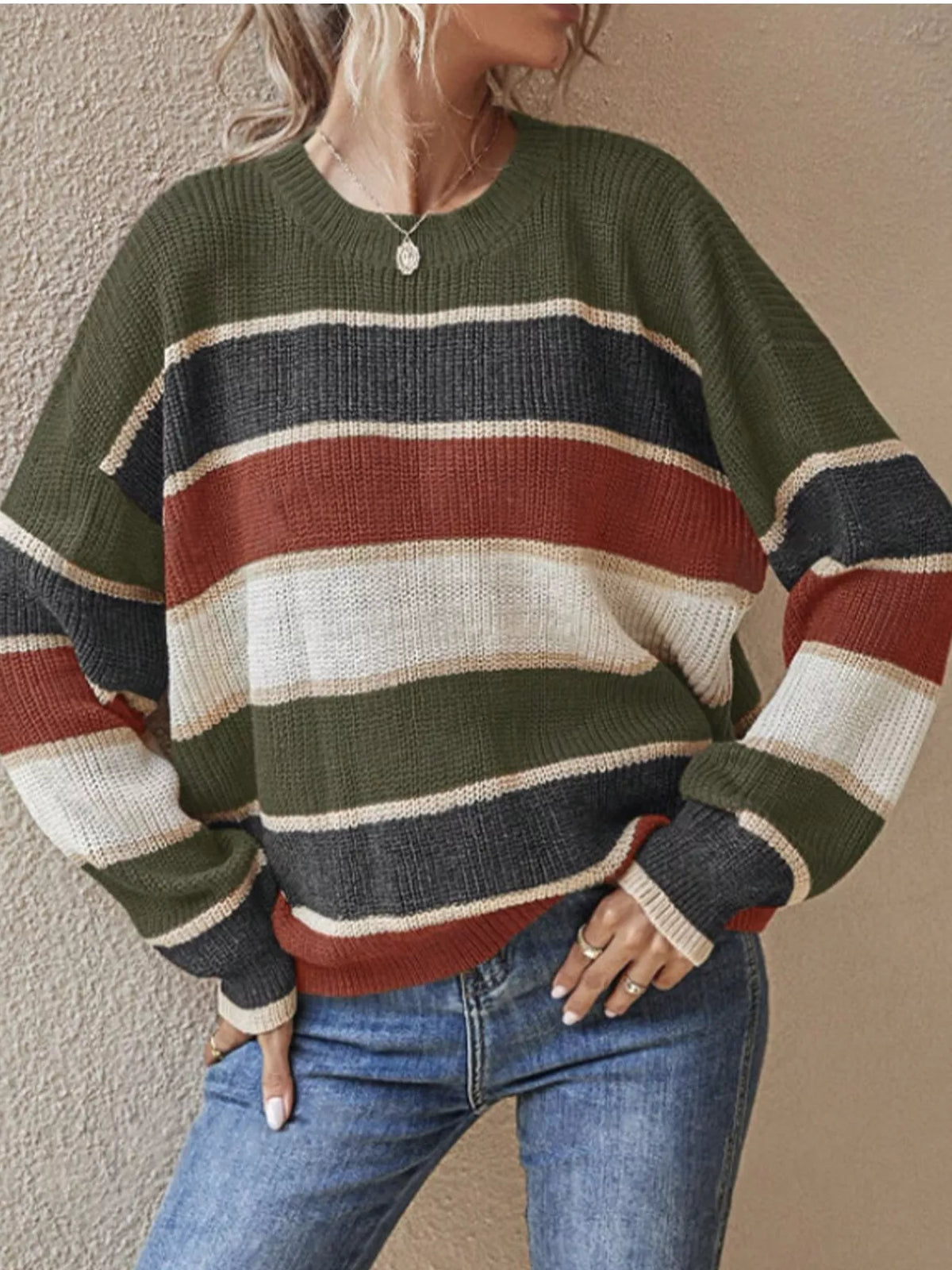 Color Block Striped Crew Neck Sweater in green with multicolor stripes, front view