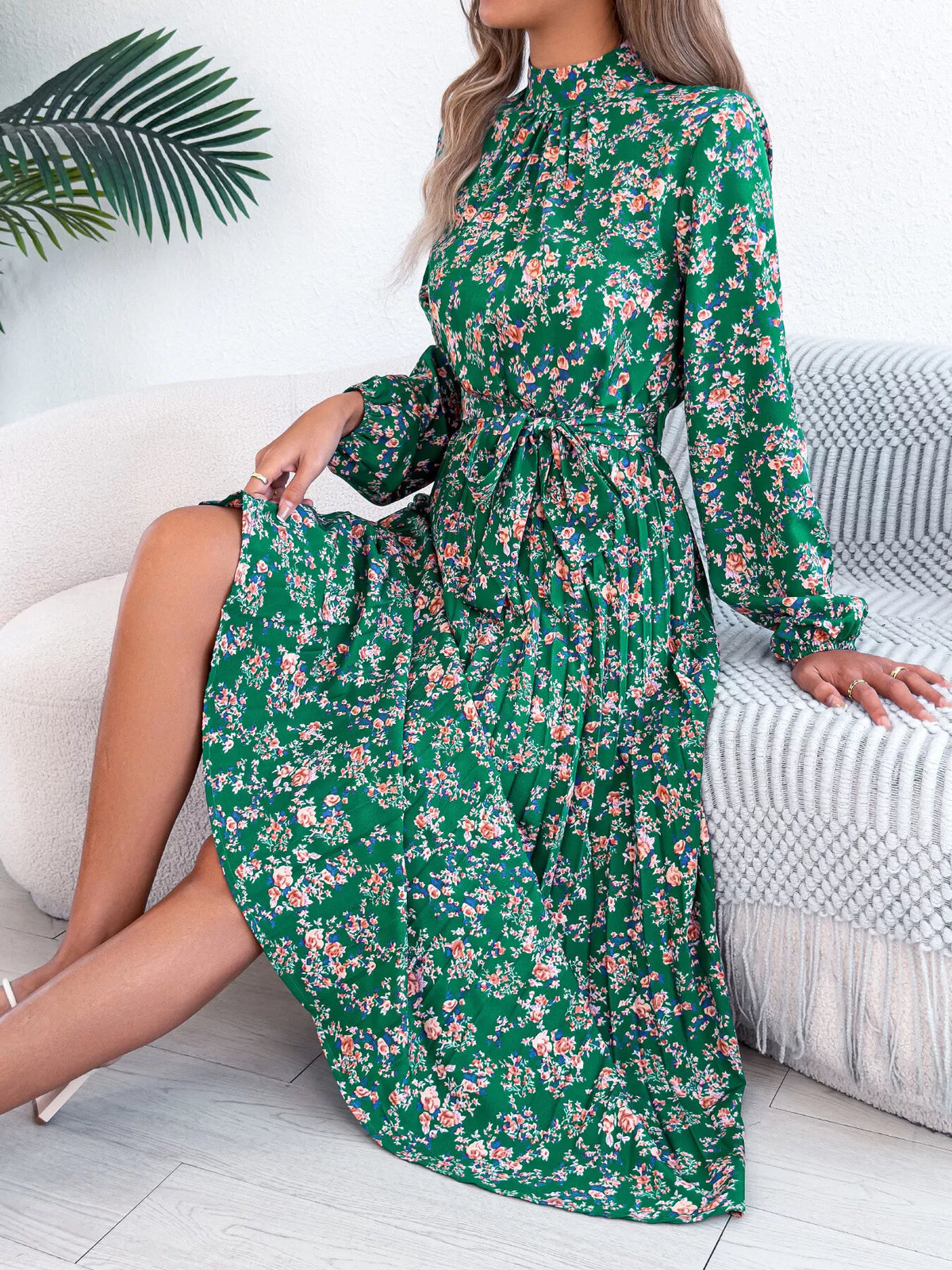 Green floral print long sleeve midi dress