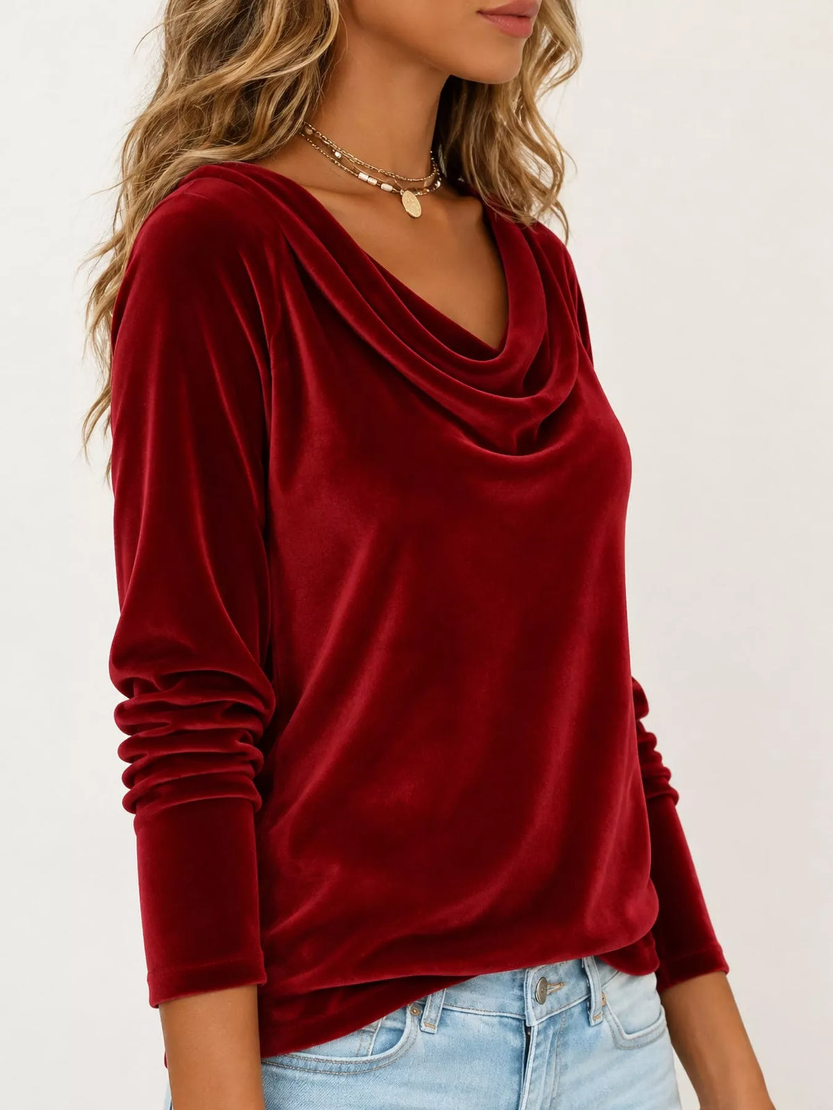 Red velvet cowl neck long sleeve t shirt, side view