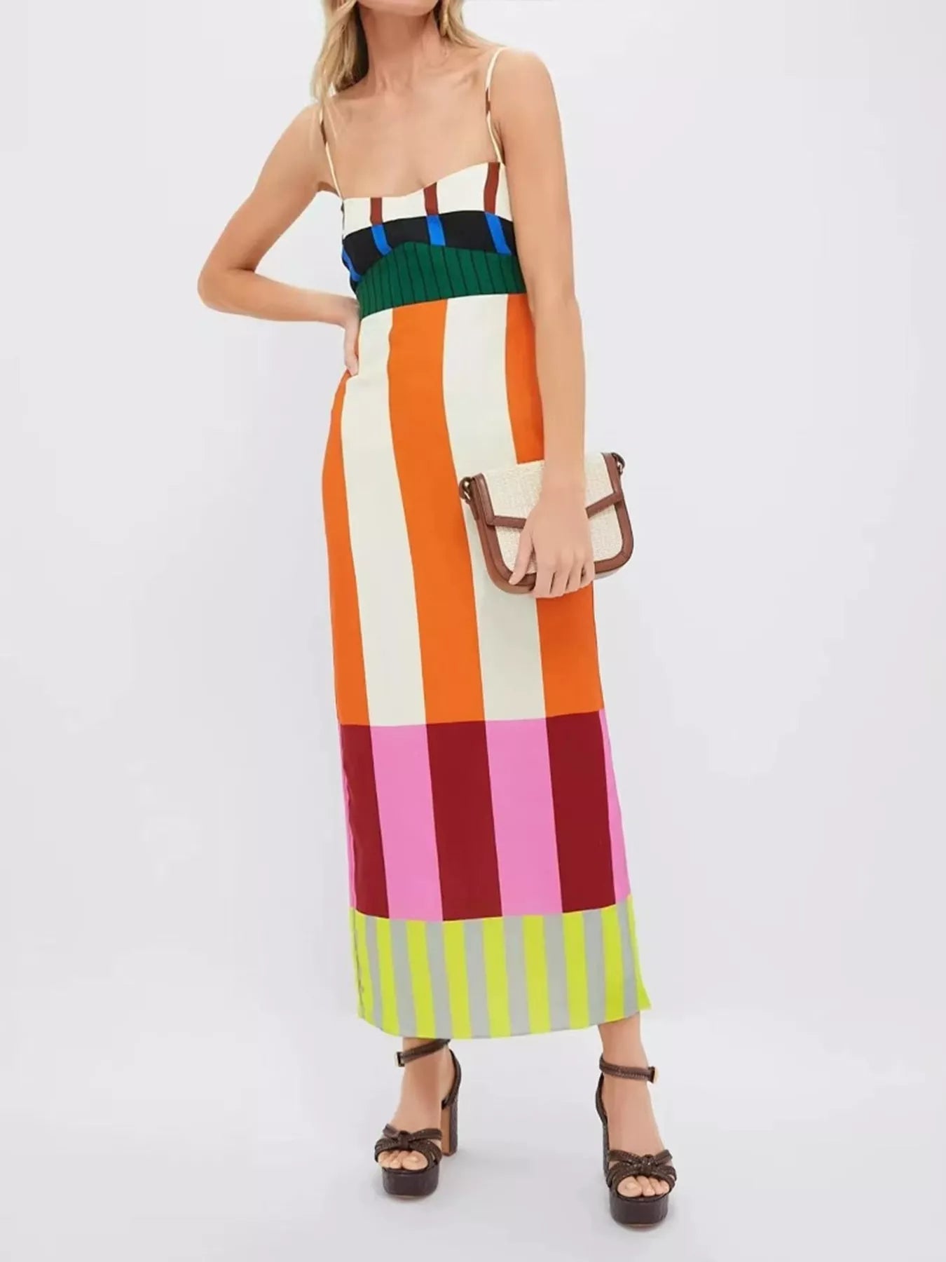 Trendsi Color-Block Striped Spaghetti Strap Midi Dress -