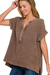 Trendsi Zenana Washed Double Gauze 3/4 Button Henley Neck Shirt -