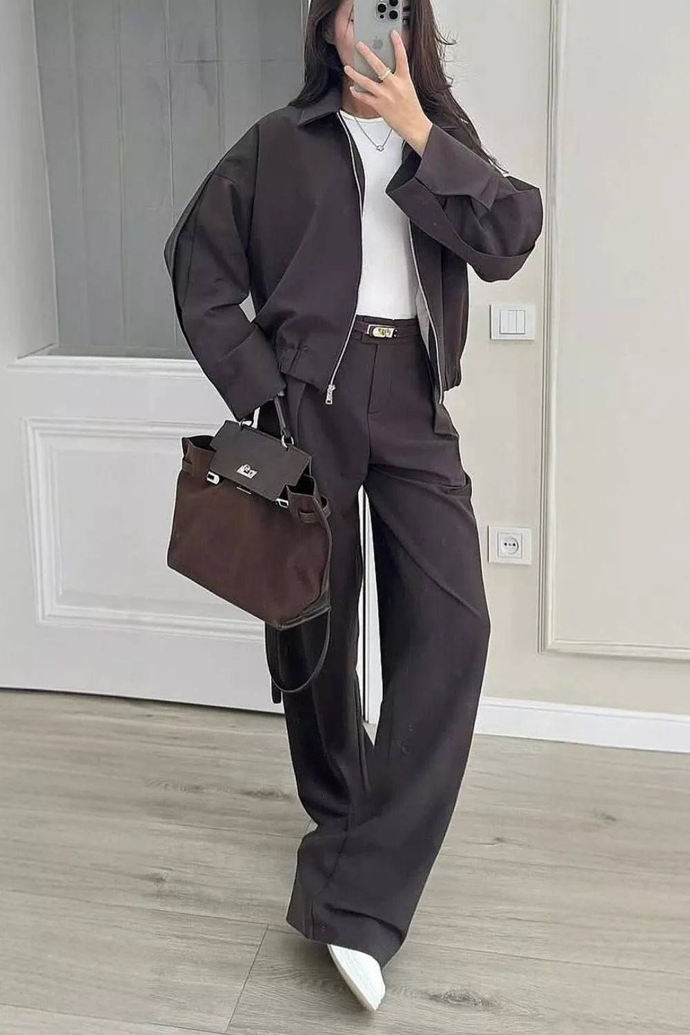 Trendsi Zip-Up Jacket and Wide-Leg Pants Set -