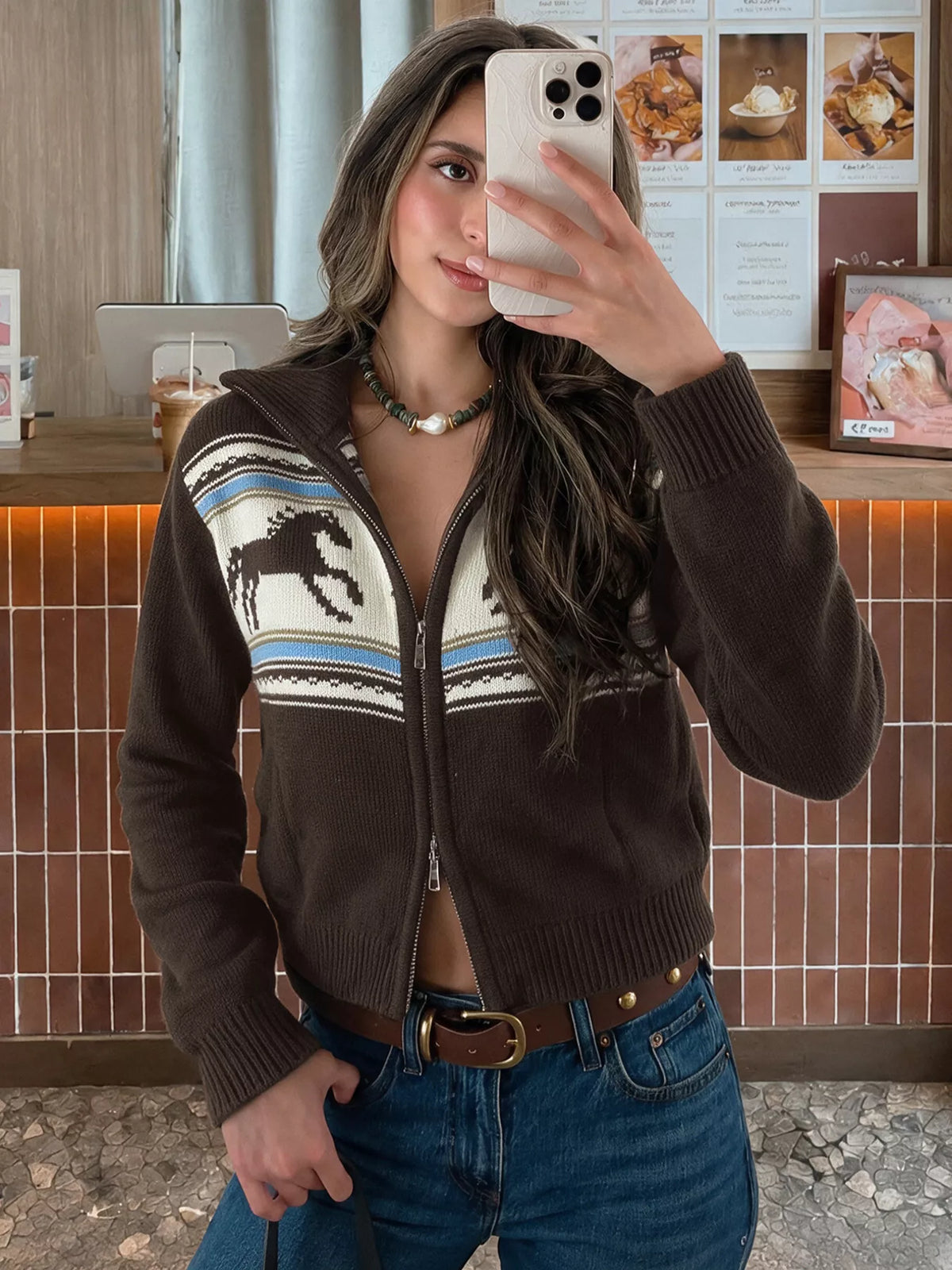 Brown horse zip-up cardigan, open collar view