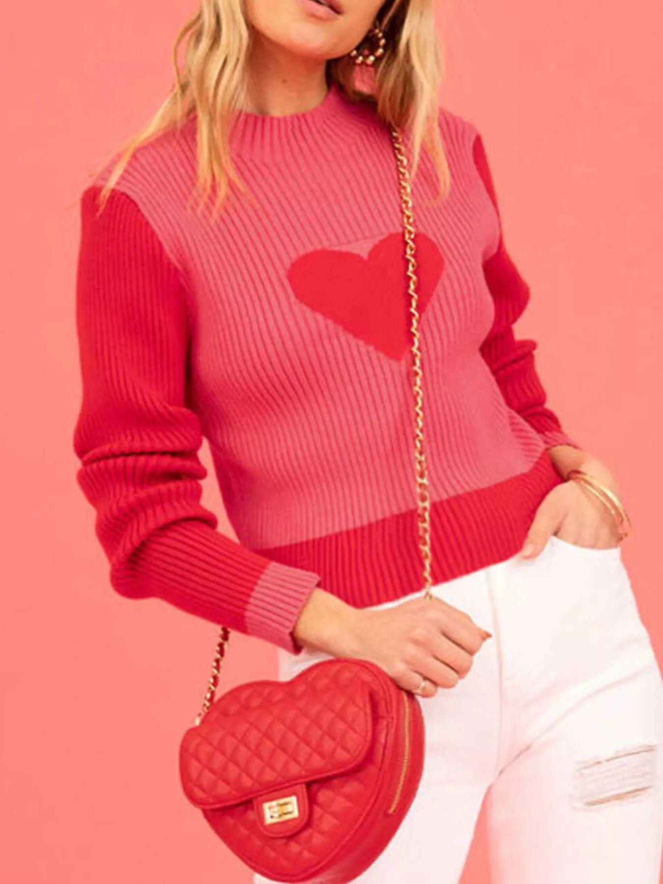 Trendsi Color-Block Heart Pattern Ribbed Knit Sweater -