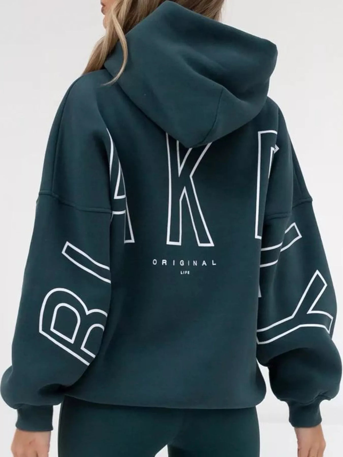 Teal letter-print pullover hoodie with kangaroo pocket, back lettering view