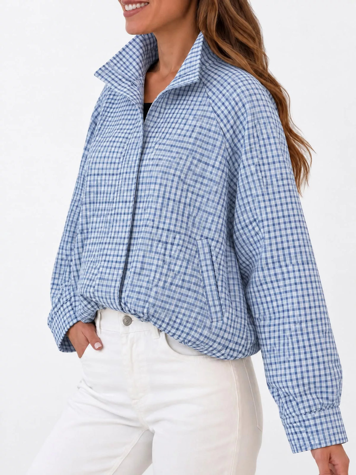 Sky Blue plaid stand-collar cropped jacket