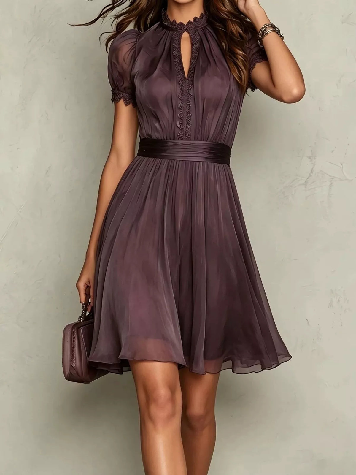 Lace-trim puff-sleeve A-line dress