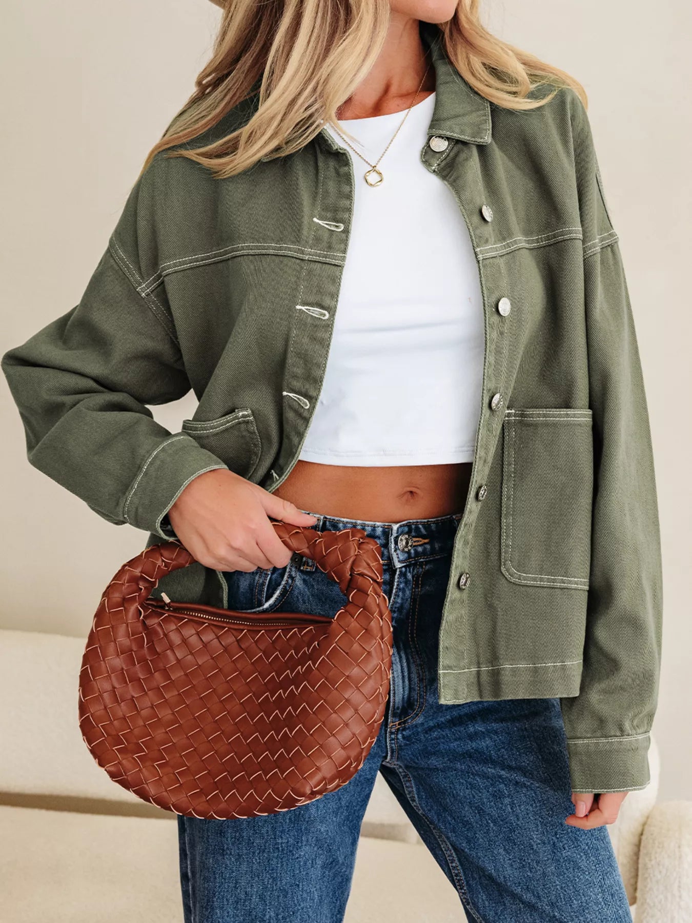 Trendsi Patched Pocket Collared Button Front Boyfriend Denim Jacket -