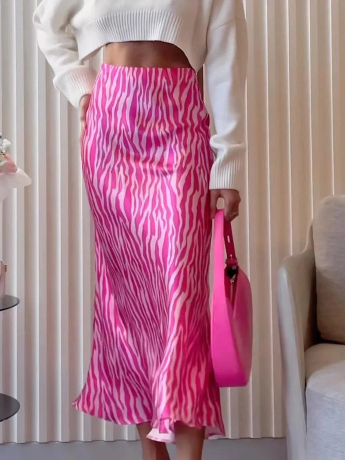 Trendsi Satin Zebra Print Midi Skirt -