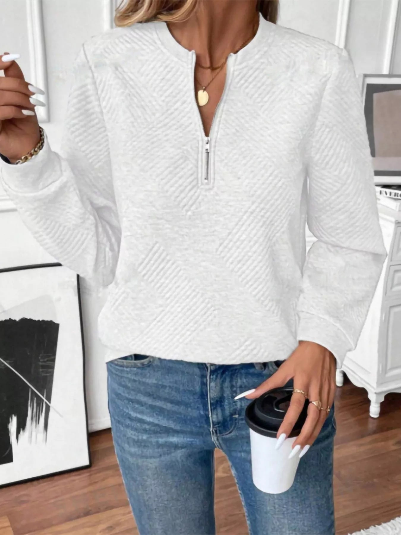 Trendsi Textured Quarter-Zip Sweatshirt -