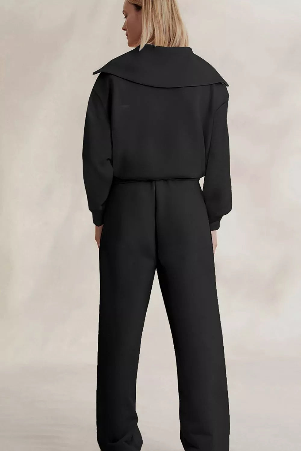 Trendsi Solid Zip Sailor Collar Pullover Athleisure Sweatpants 2pcs Set -