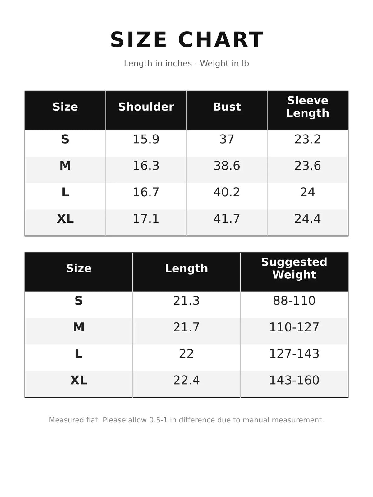 Size chart for double-breasted slim-fit jacket
