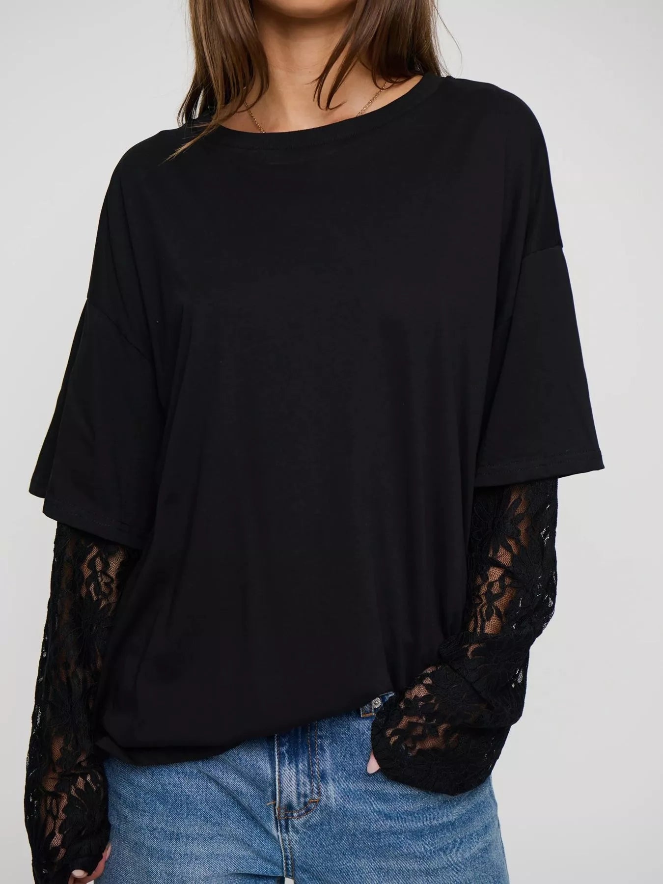 Trendsi Layered Lace-Sleeve T-Shirt -