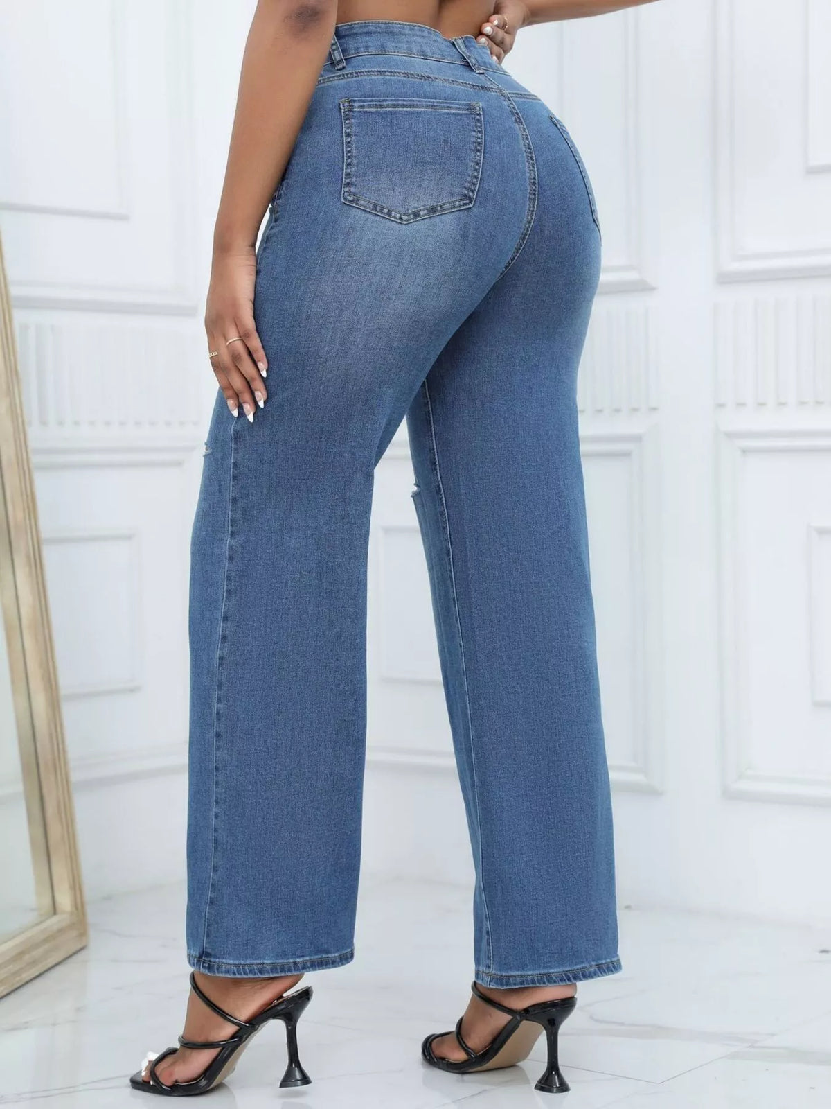 Knee-Ripped Wide-Leg Jeans in blue, back view