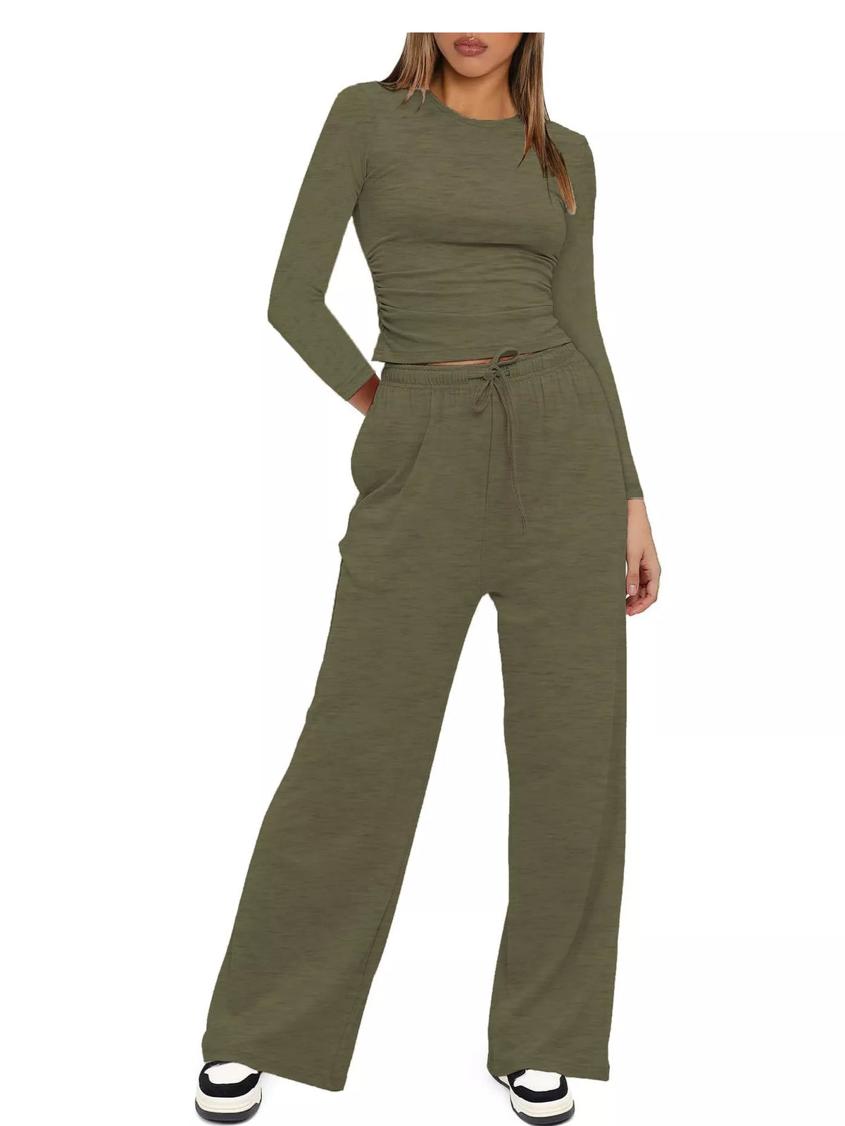 Long Sleeve Top and Wide-Leg Drawstring Pants Set — front view