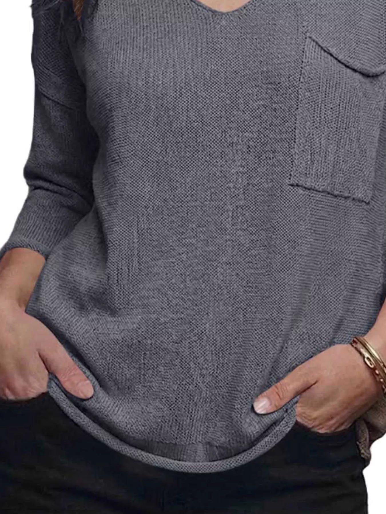 Trendsi V-Neck Chest Pocket Knit Top -