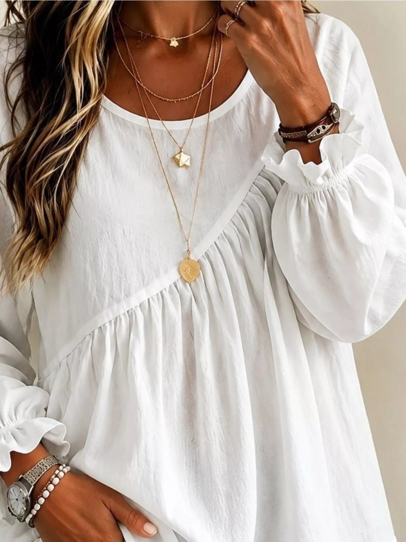 Trendsi Long Sleeve Blouse with Asymmetric Pleated Detail -