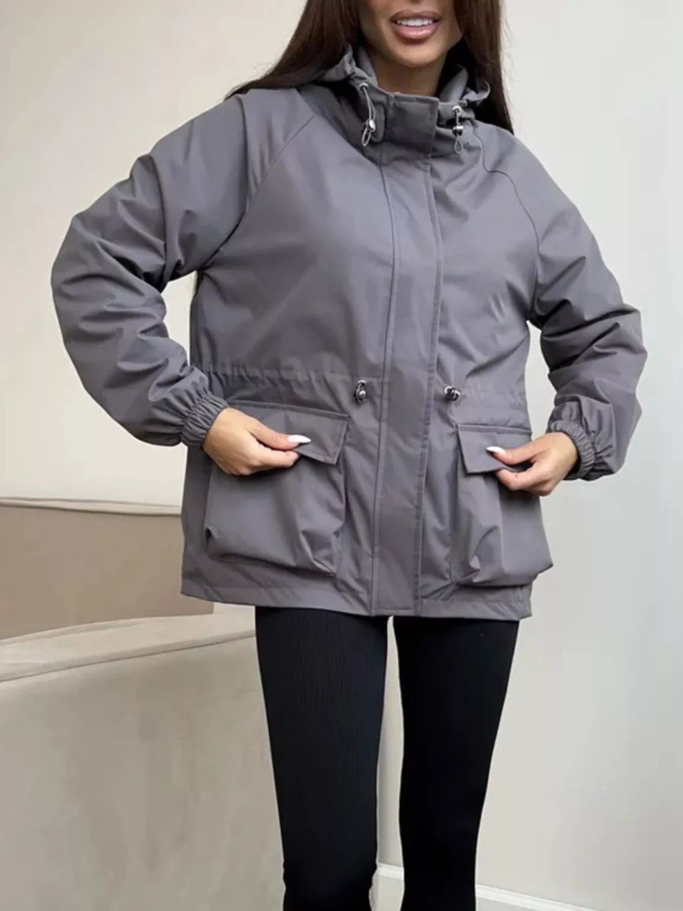 Trendsi Drawstring Waist Hooded Windbreaker Outerwear -