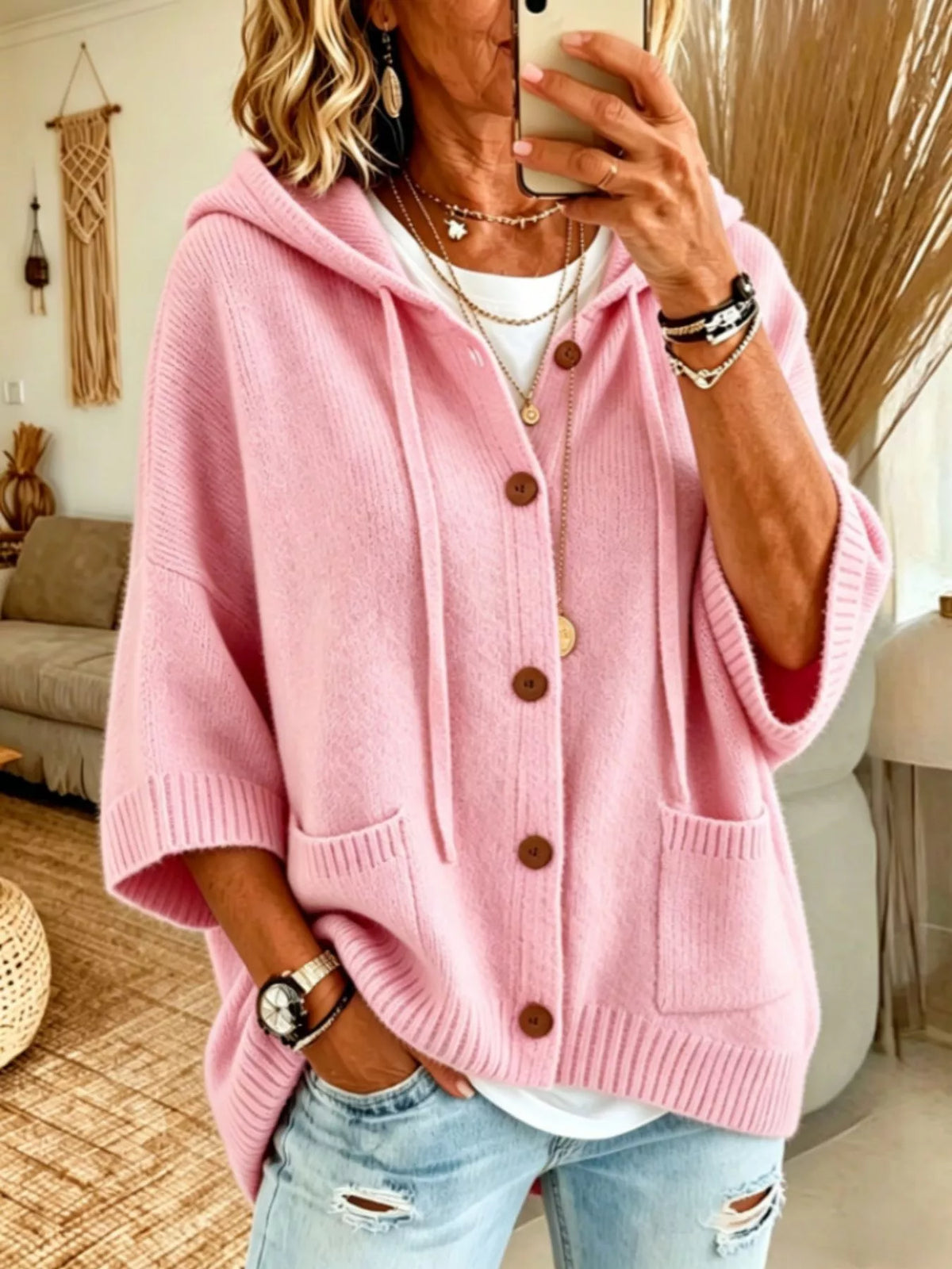 Trendsi Full Size Casual Hooded Button-Down Knit Cardigan with Pockets Plus Size -