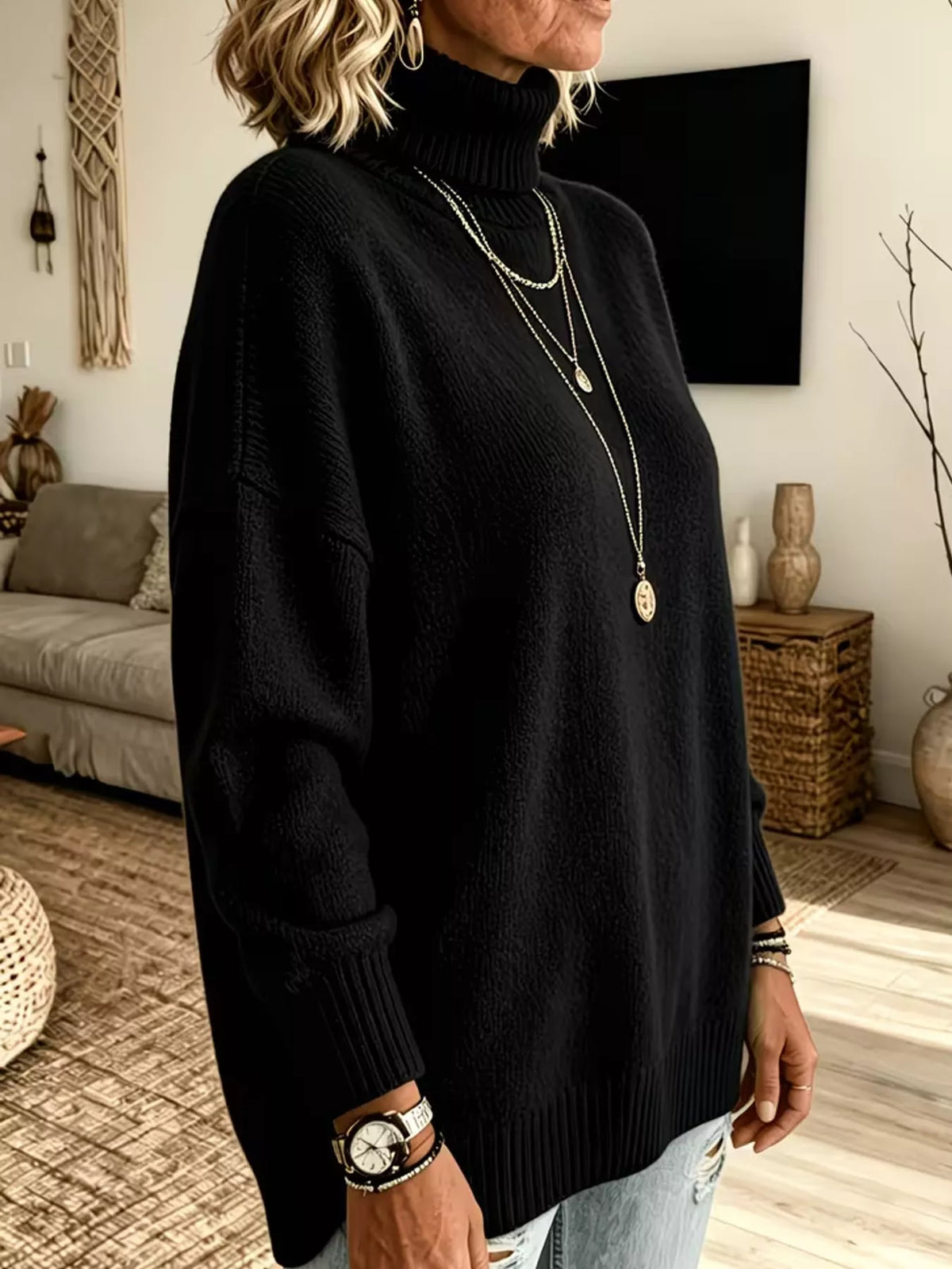 Black turtleneck sweater, side view