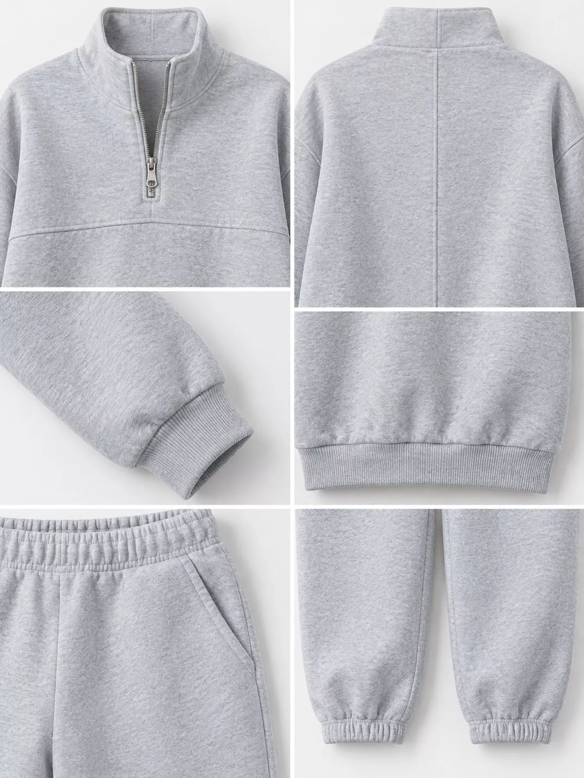Half-zip top and pants set, gray neckline cuff waist and ankle details