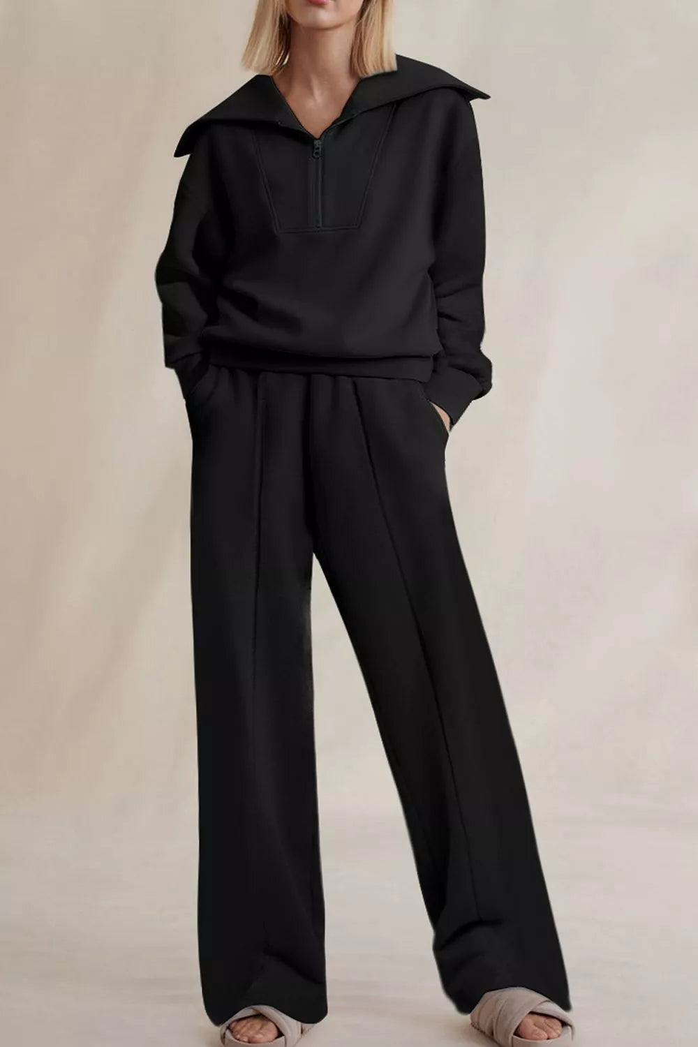 Trendsi Solid Zip Sailor Collar Pullover Athleisure Sweatpants 2pcs Set -