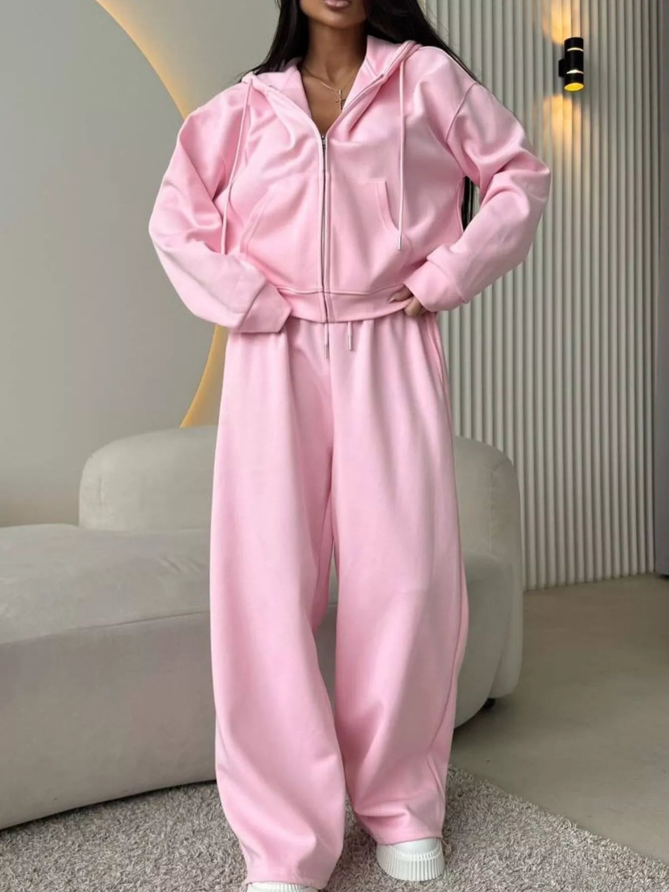 Trendsi Zip-Up Hoodie and Wide-Leg Pants Set -