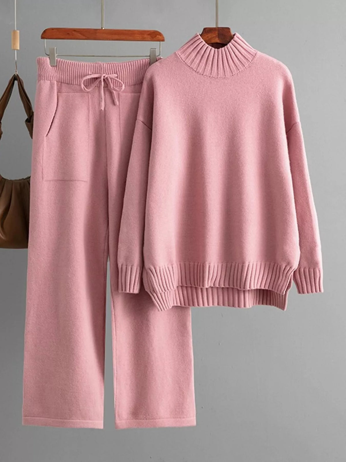 Mock Neck Sweater and Wide-Leg Pants Knit Set — garment front