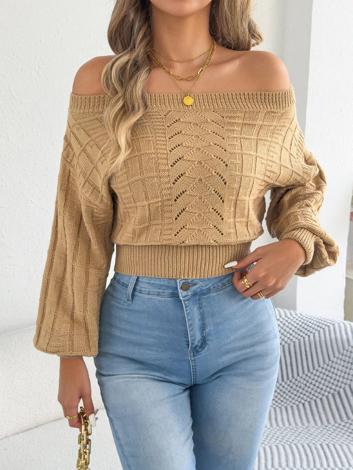 Khaki off-shoulder openwork cropped sweater