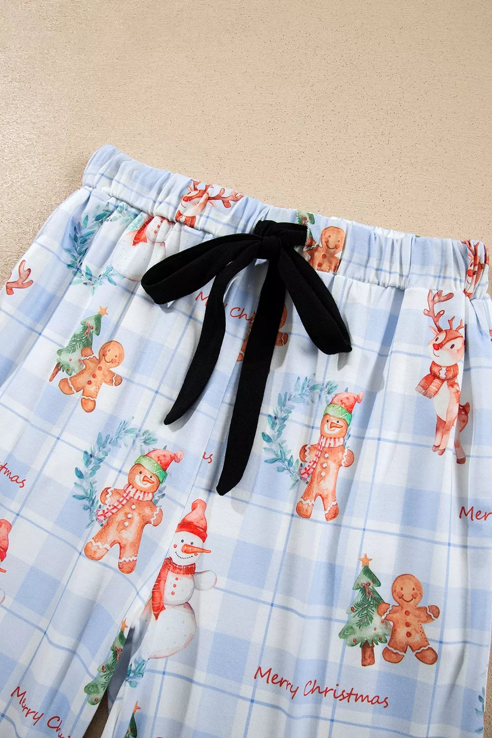 Light blue Christmas print plaid pajama set, elastic drawstring waist detail