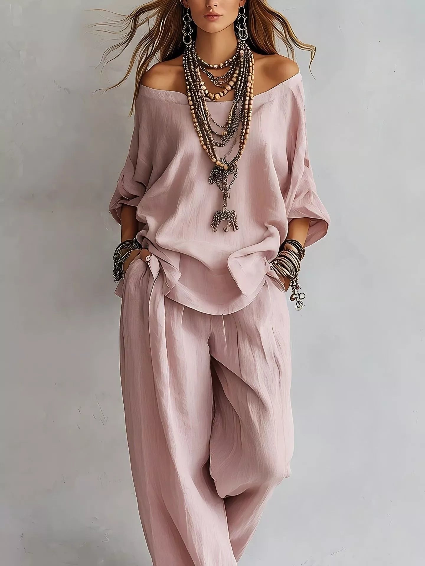Trendsi Off-Shoulder Loose Fit Top and Pants Two-Piece Set -