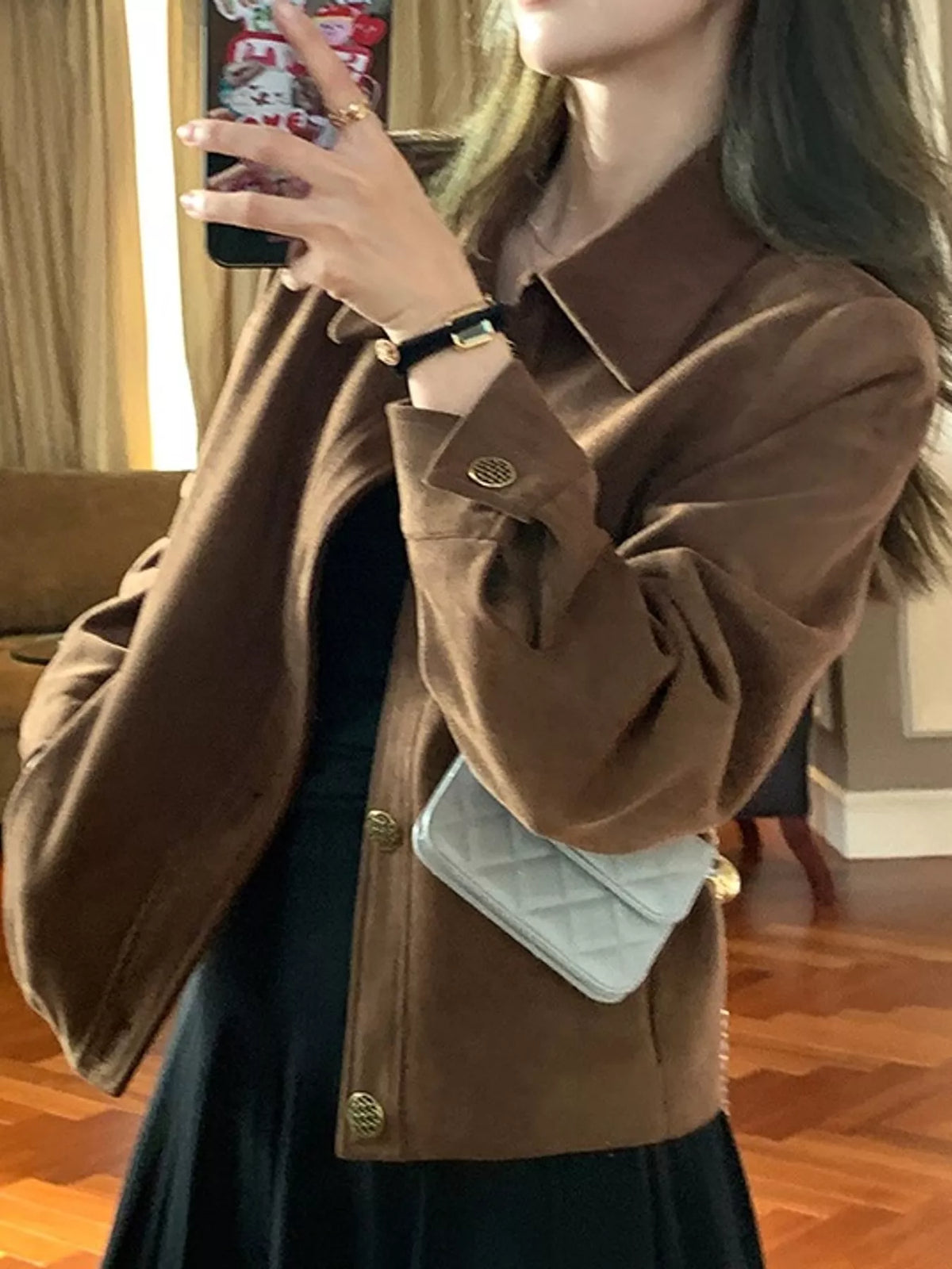Vintage Suede Button-Down Jacket, detail view in brown-lined