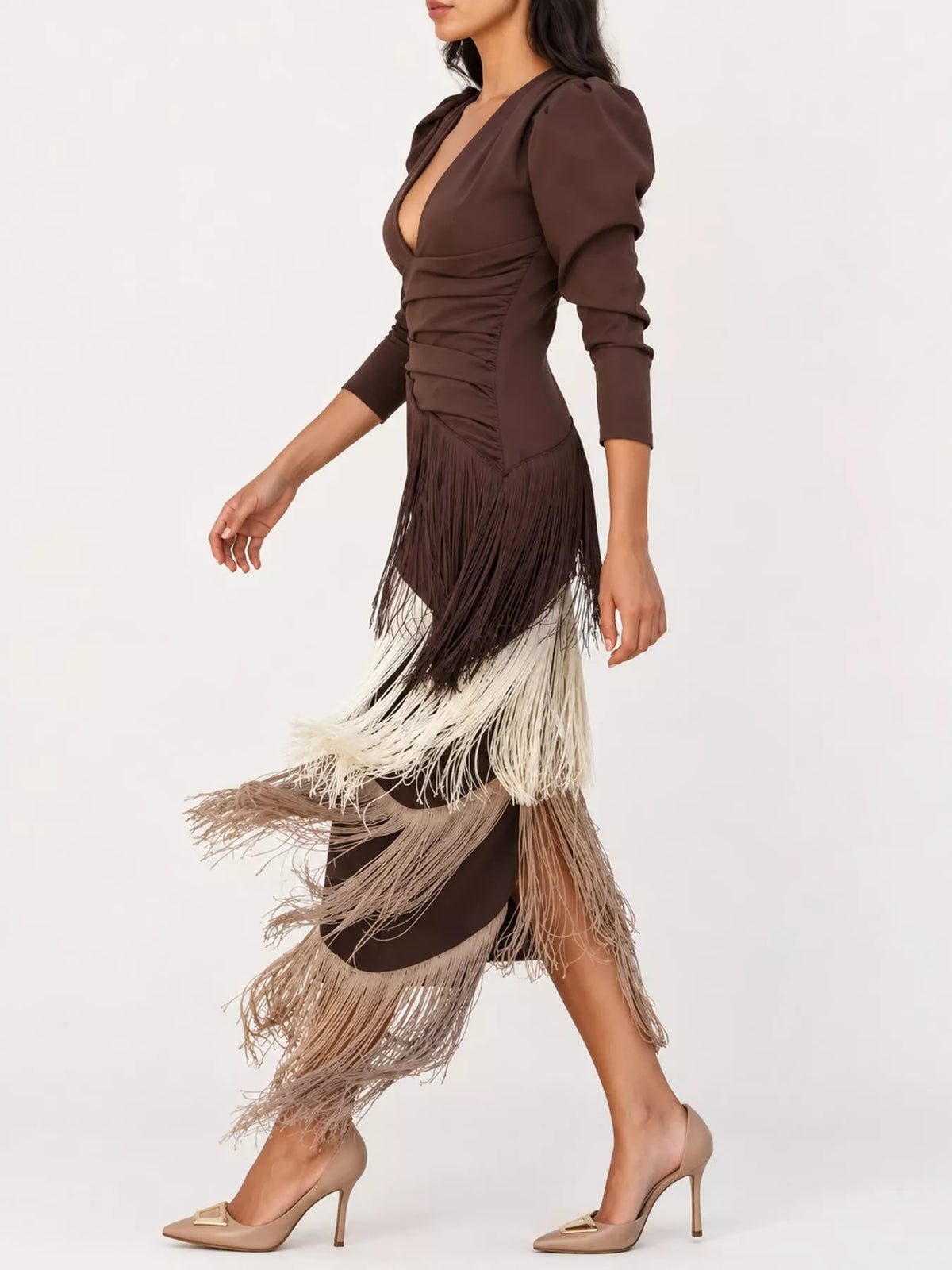 Women's Fringed V-Neck Puff Sleeve Midi Dress in brown multicolor — side view