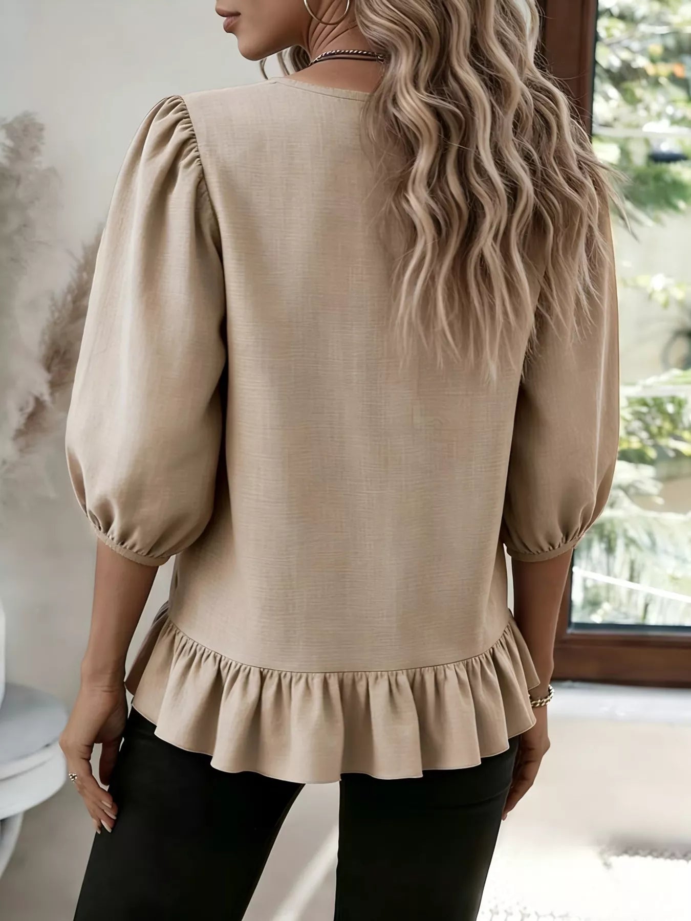 Trendsi Casual Puff Sleeve Ruffle Hem Blouse - Shirts