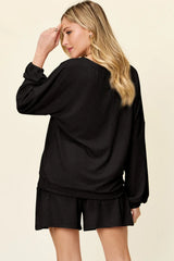 Trendsi Double Take Full Size Texture V-Neck Long Sleeve T-Shirt and Shorts Set - Shorts
