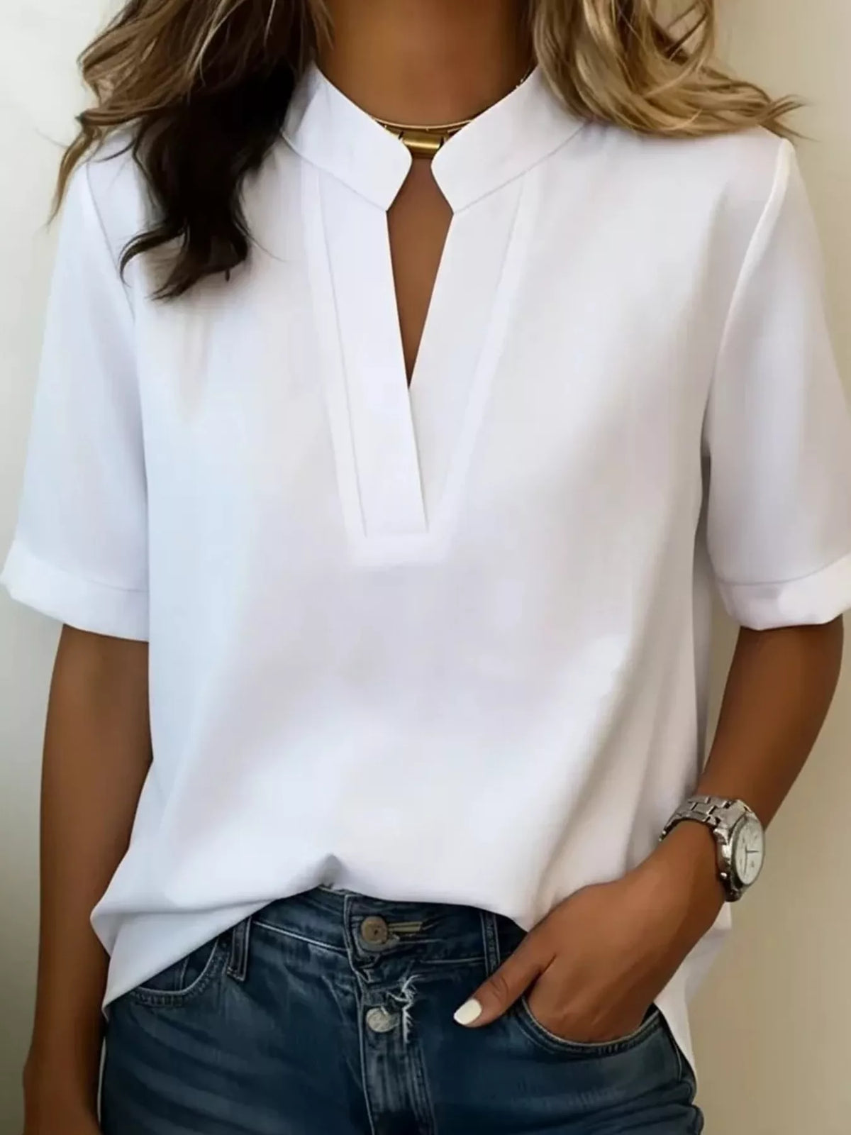 Notched-neck blouse, white tucked front