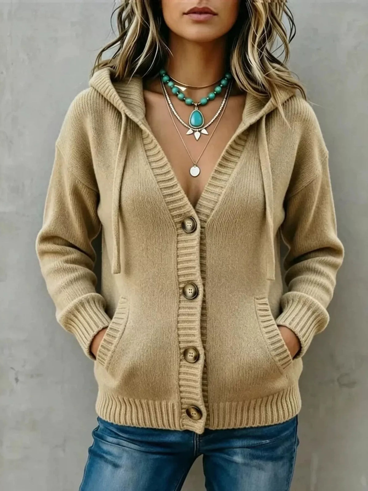 Women's Hooded Button-Down Knit Cardigan in beige — front view