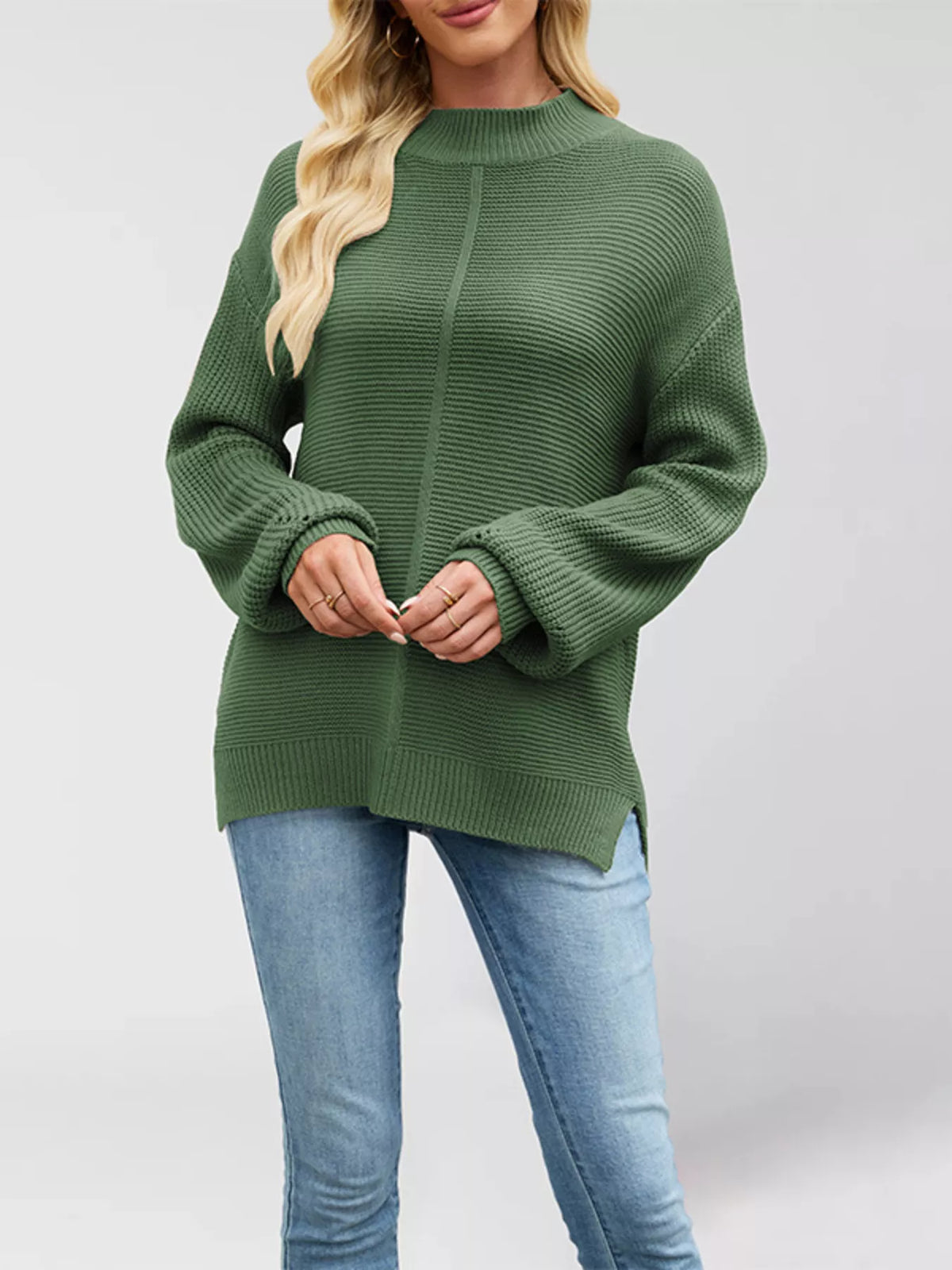 Trendsi Ribbed Mock Neck Drop Shoulder Sweater -
