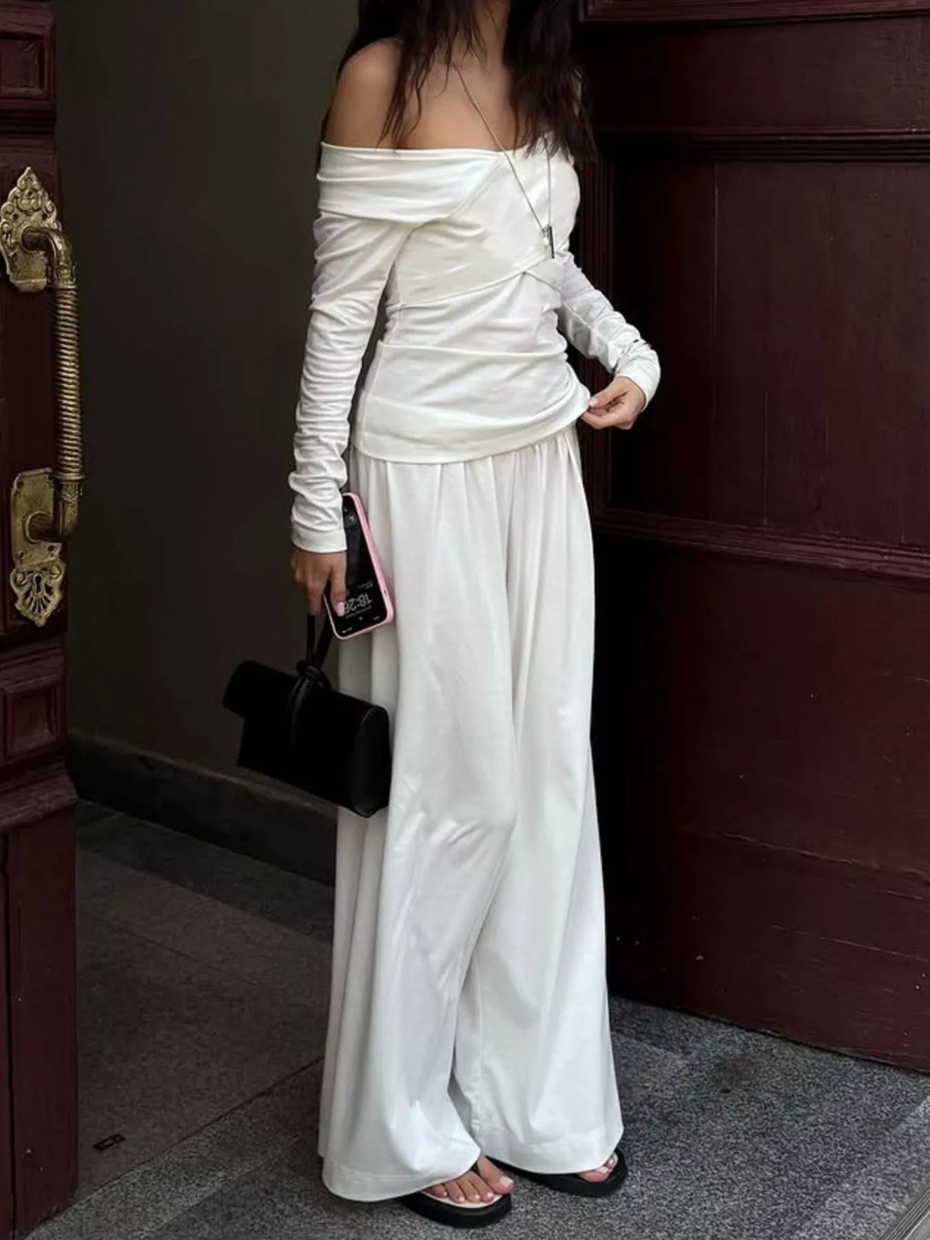 Trendsi Off-Shoulder Long Sleeve Top and Wide-Leg Pants Set -
