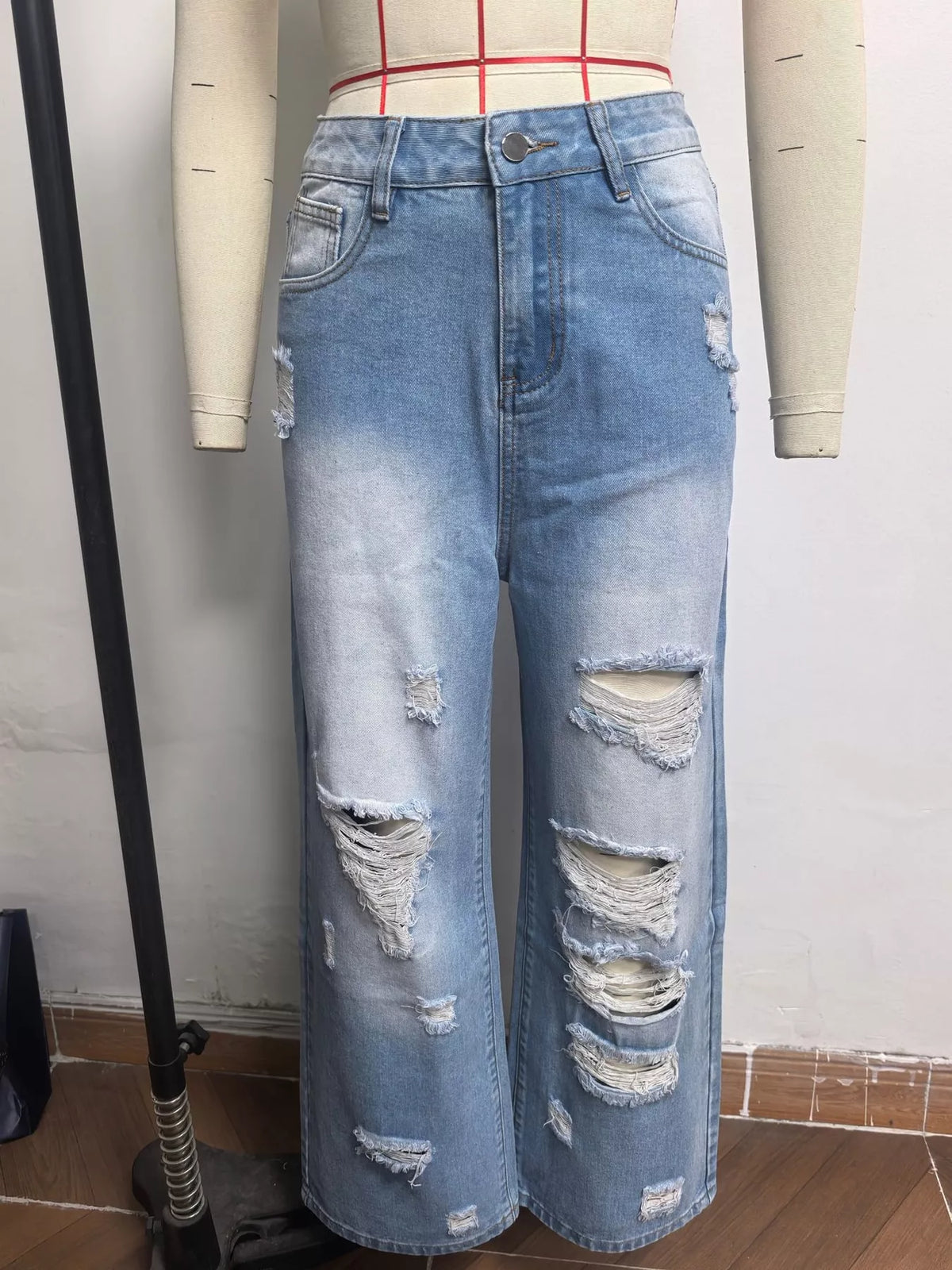 Distressed Wide-Leg Jeans in blue, front view
