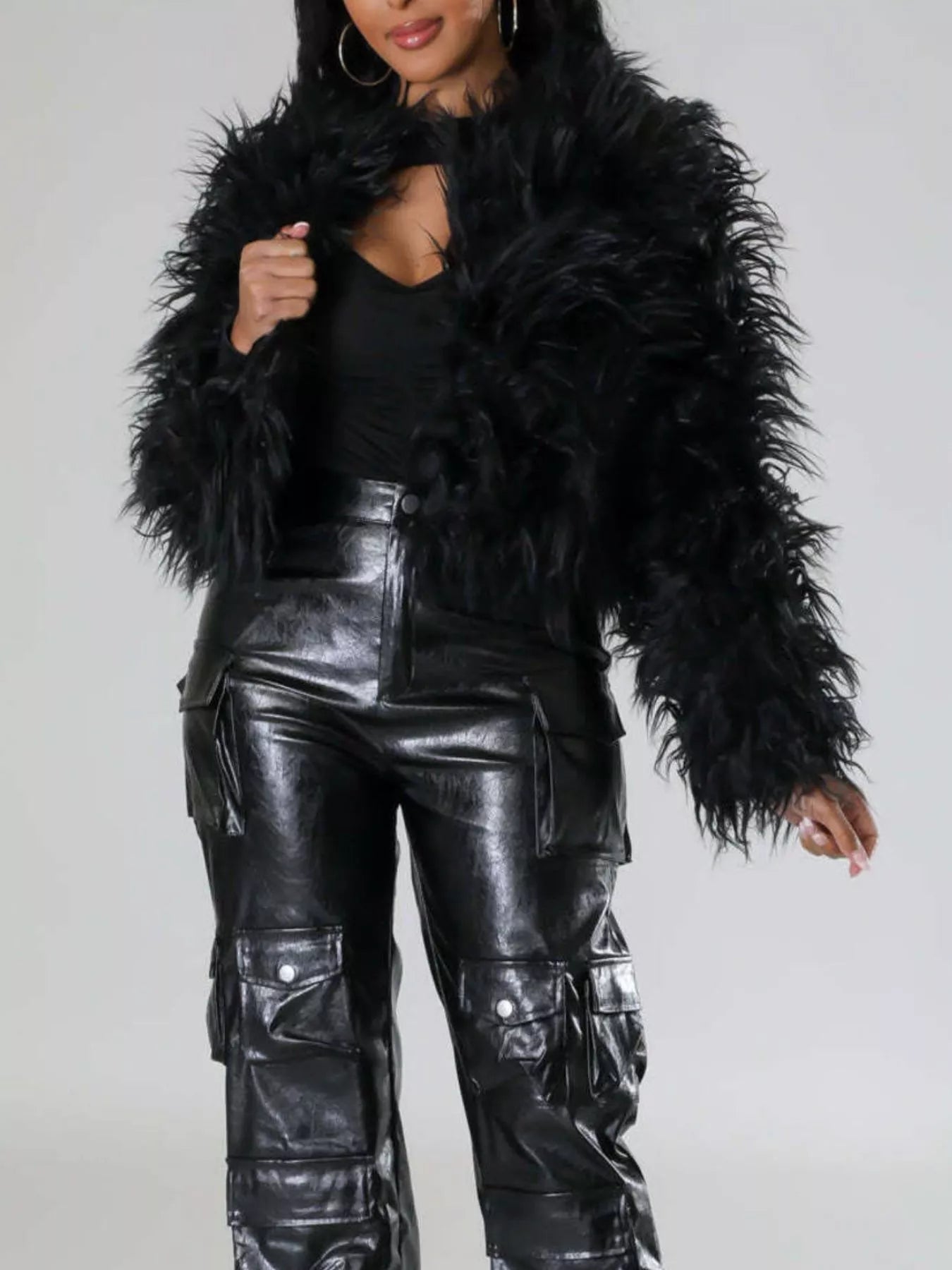 Trendsi Faux Fur Open Front Cropped Outerwear -