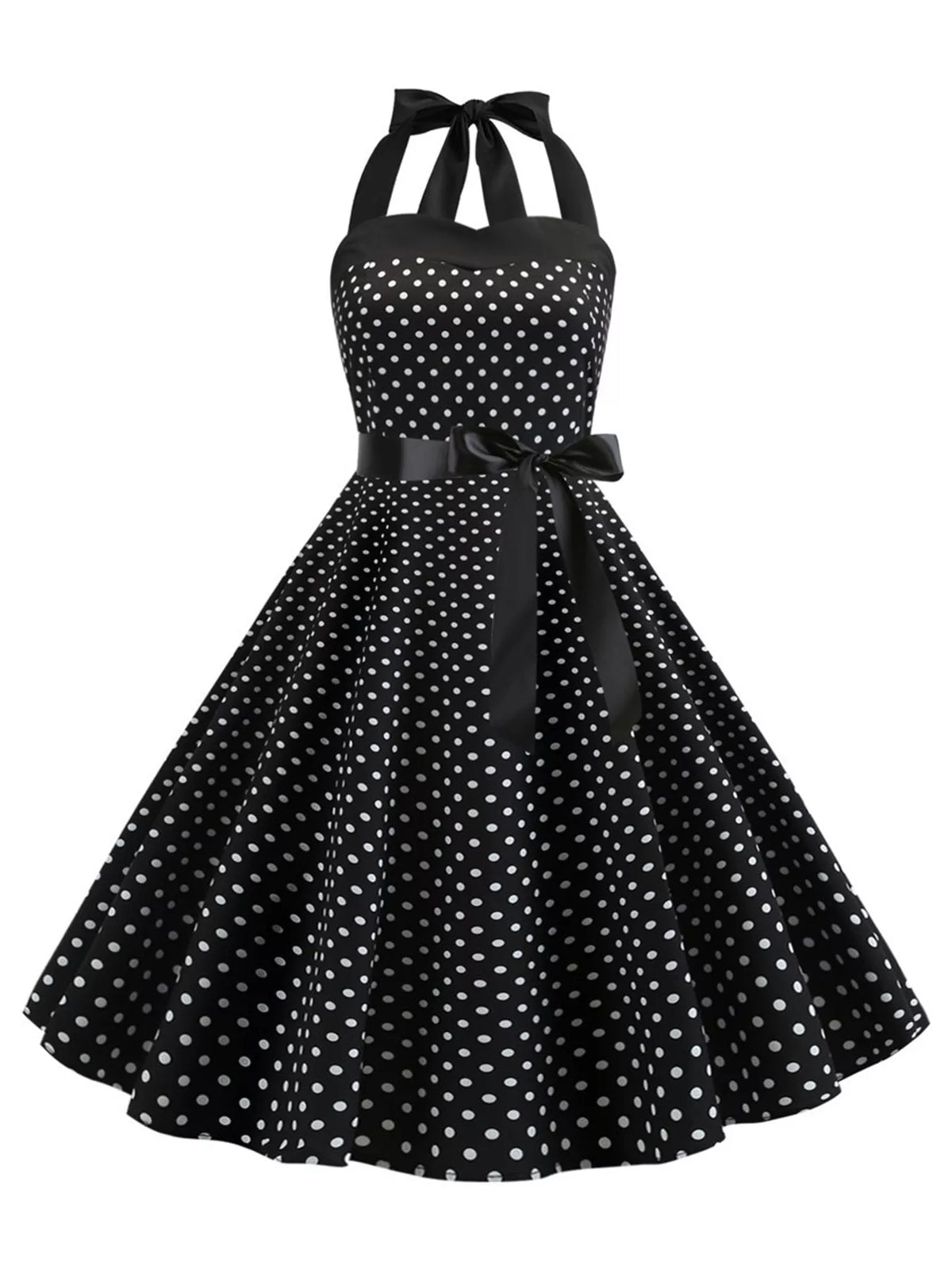 Halter neck sleeveless knee dress, product view