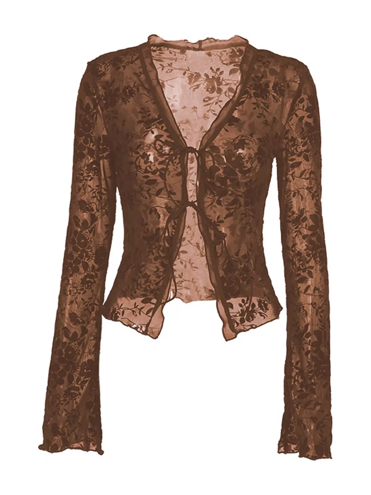 Sheer Floral Tie-Front Flare Sleeve Top in brown
