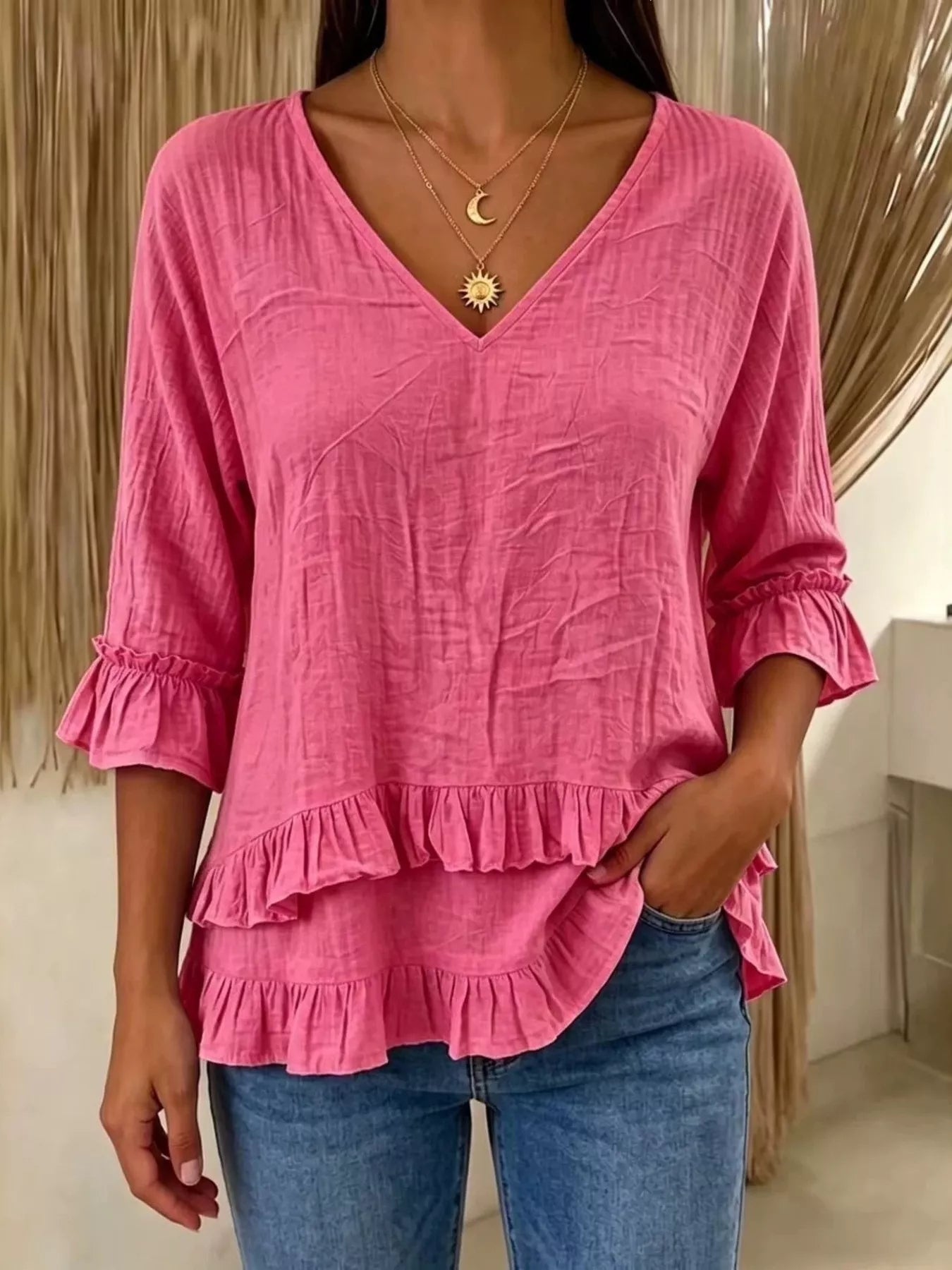 Trendsi V-Neck Ruffle Sleeve Top -