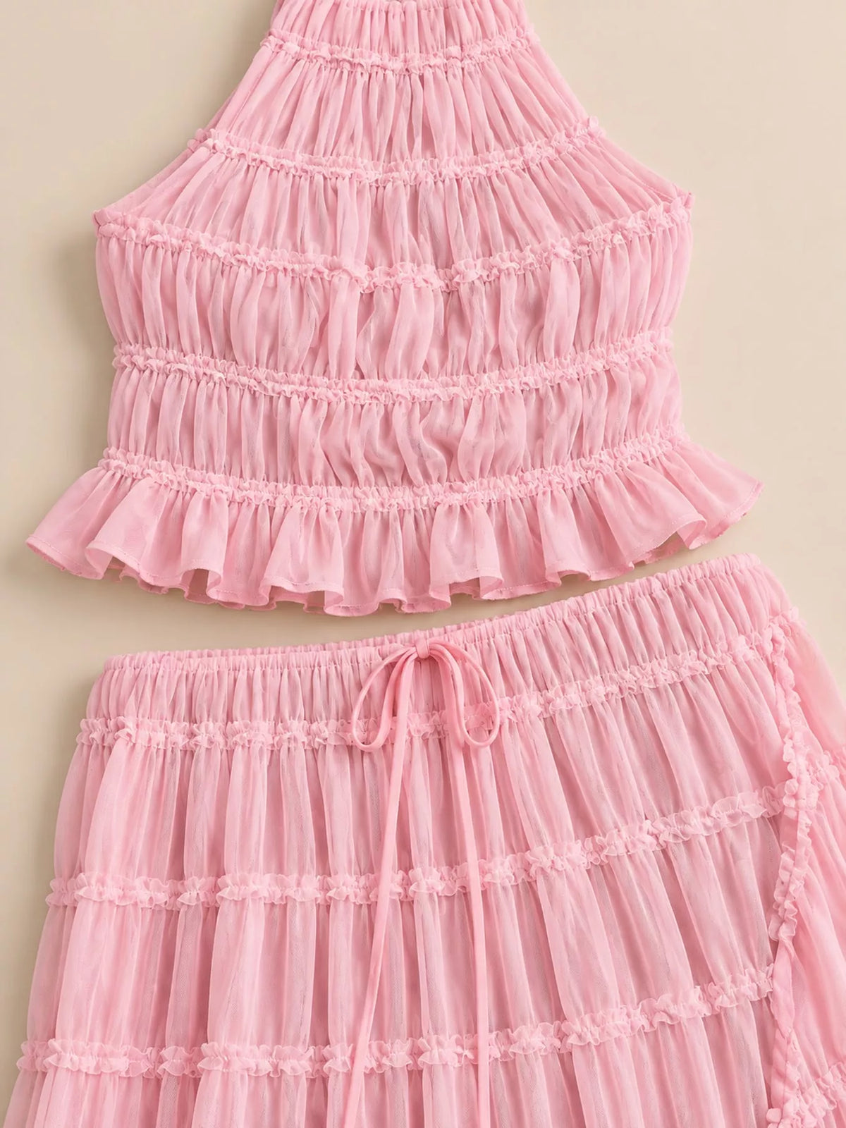 Halter top and skirt set, pink ruffle detail