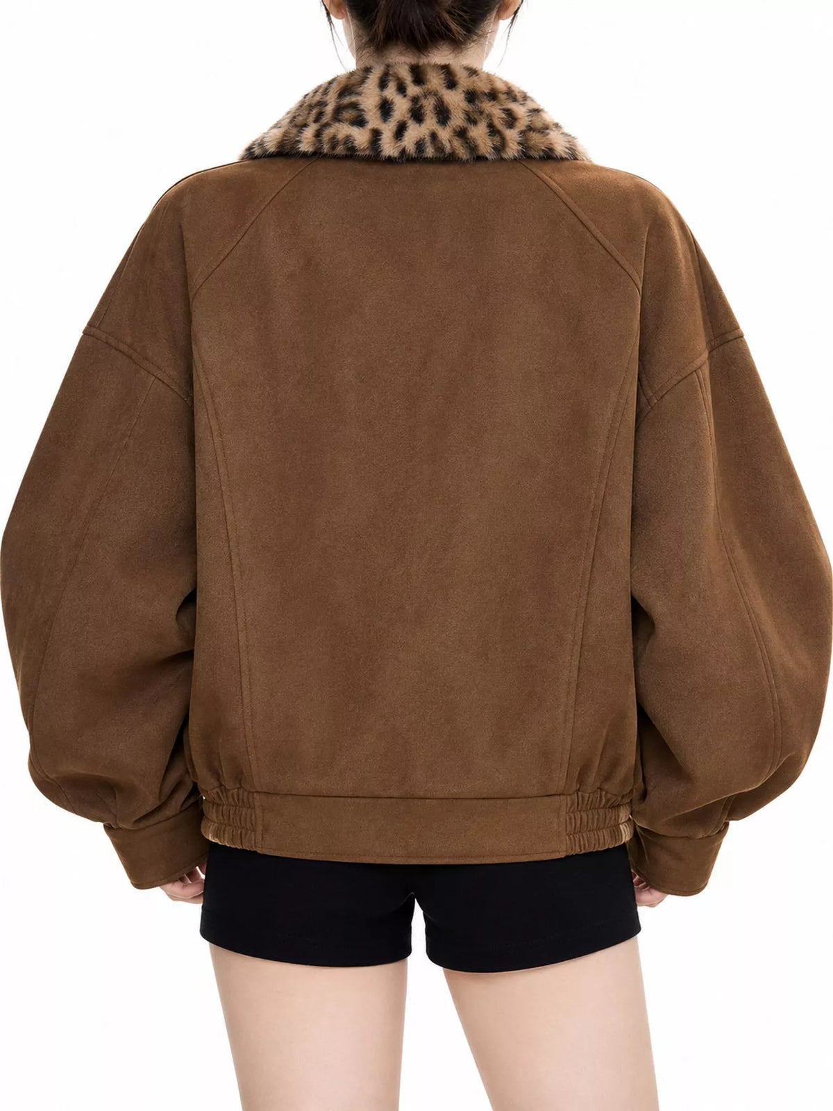 Brown faux fur collar zip up jacket, back view