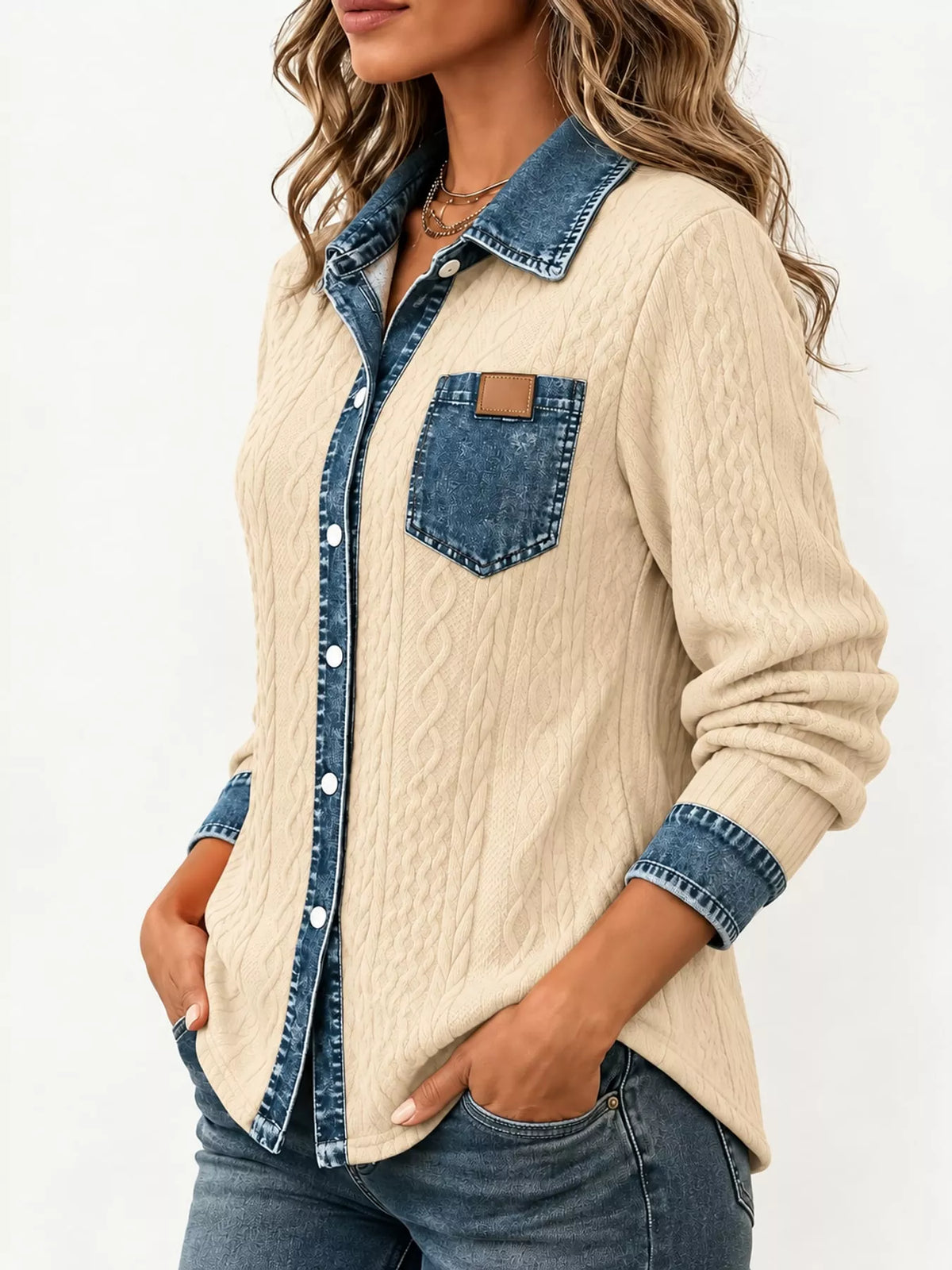 Contrast Denim Trim Textured Button-Down Shirt — front view