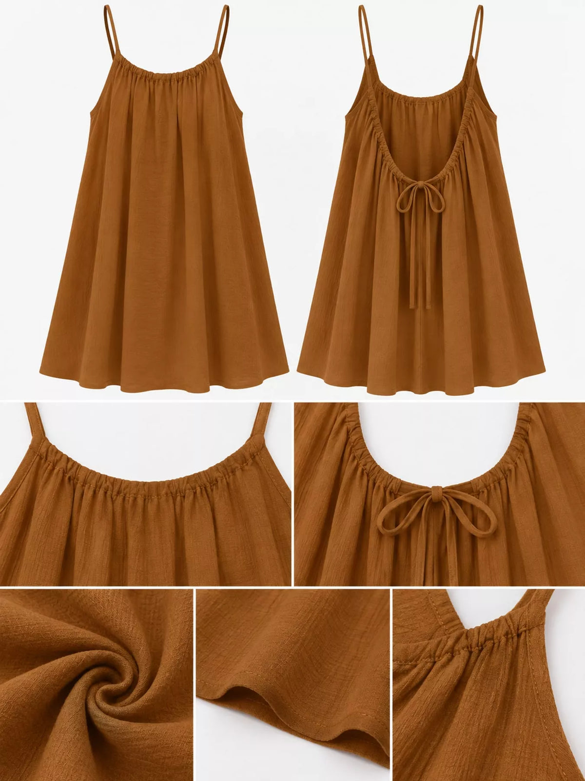 Caramel spaghetti strap A-line mini dress with open tie back, front, back and construction details