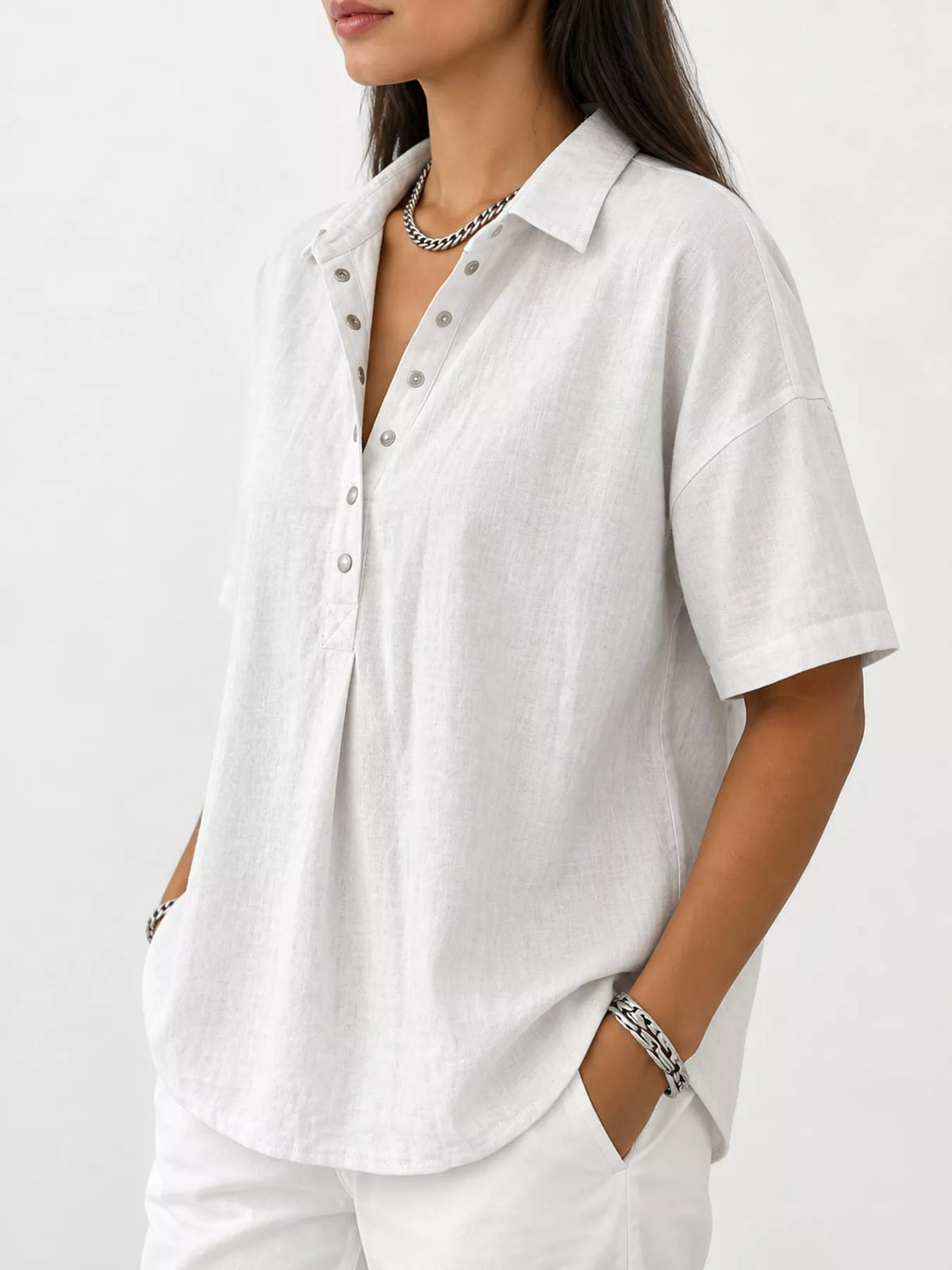 Snap Down Shirt in white, side view